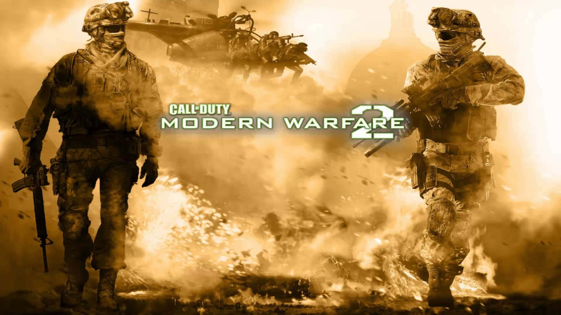 決勝時刻：現代戰爭 桌布 壁紙 — 兩名身穿戰鬥裝備的士兵在直升機背景下穿過熾熱的戰場煙霧前進。
