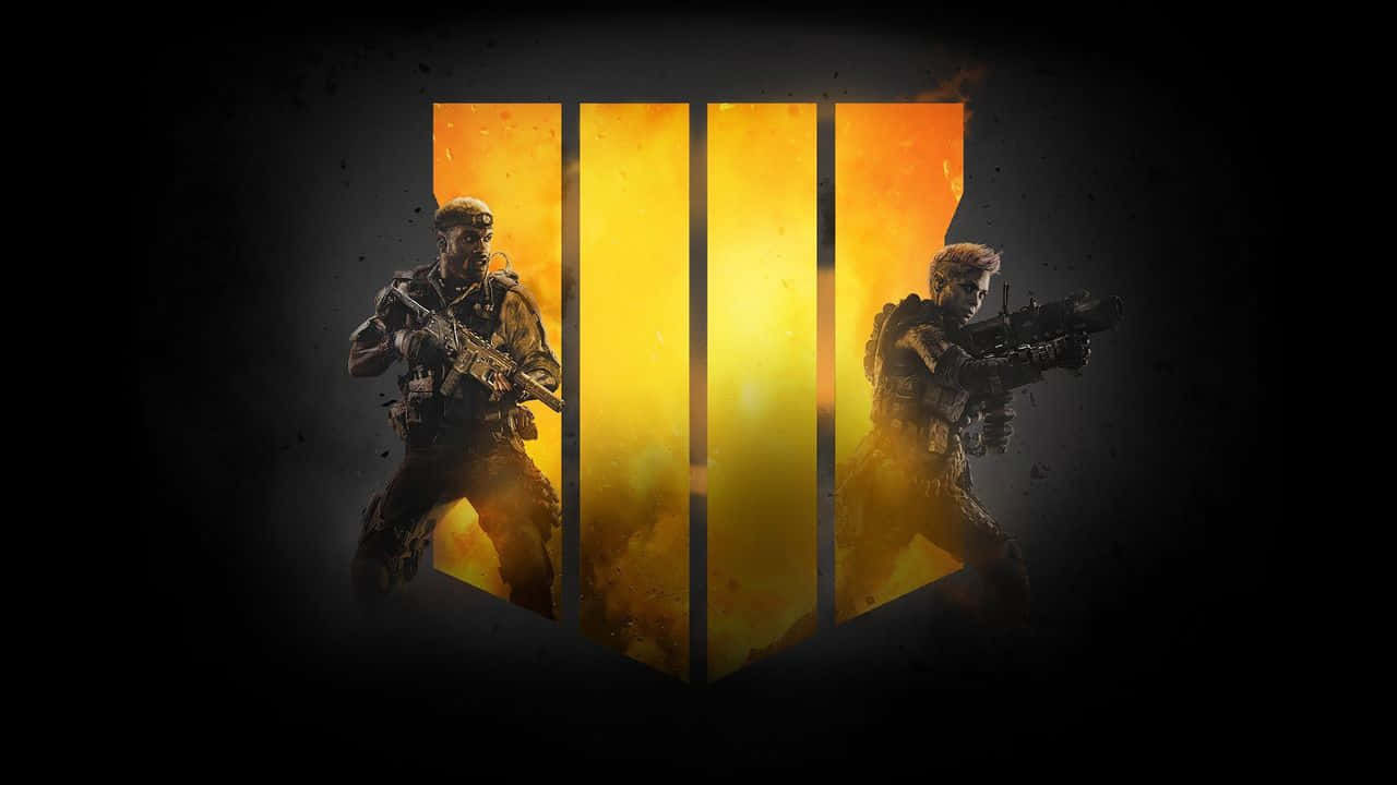 720p Call Of Duty Black Ops 4 桌布 壁紙 — 兩名身穿戰鬥裝備的士兵站在發光的垂直條兩側，背景為黑暗。