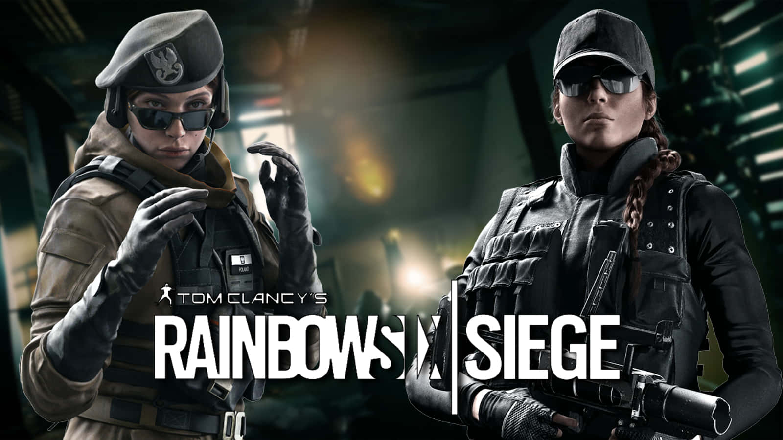 Rainbow Six Siege Ash 桌布 壁紙 — 兩名身穿戰鬥裝備的戰術人員在光線昏暗、帶有發光燈光和遊戲標題文字的未來風格設施中擺好姿勢。