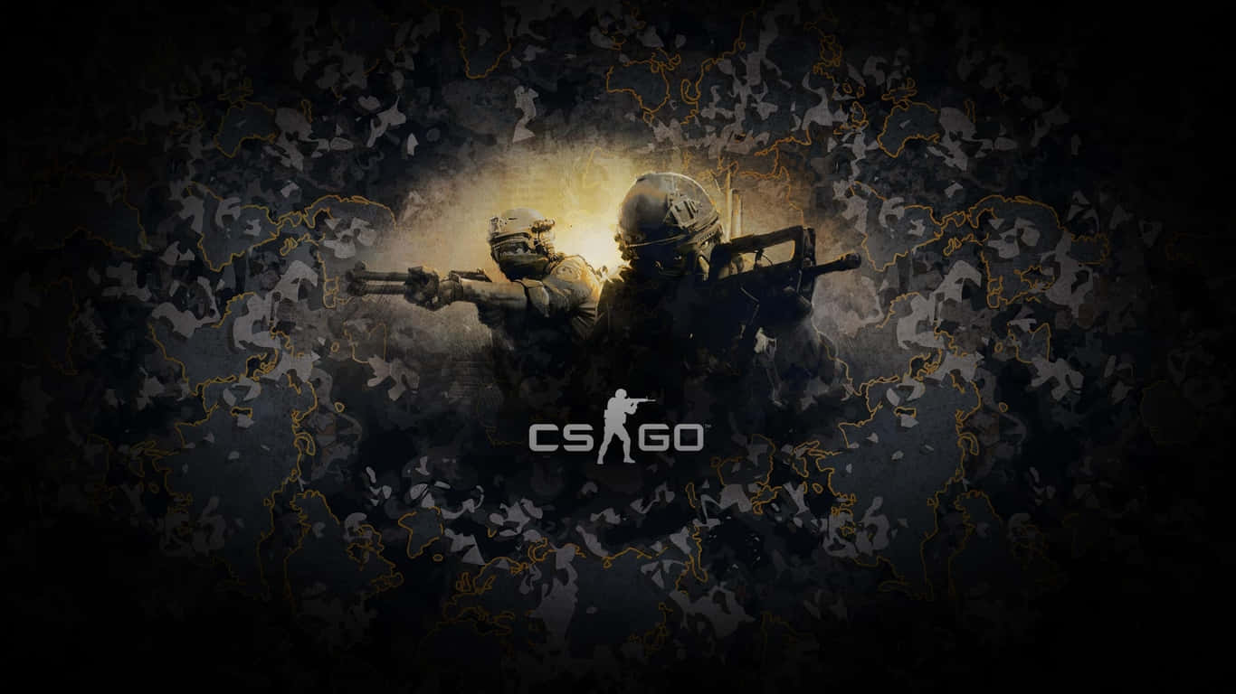 1366x768 Counter-strike Global Offensive 桌布 壁紙 — 兩名身穿戰鬥裝備的戰術士兵在黑暗地圖主題背景上瞄準武器，背景帶有發光的金色輪廓。