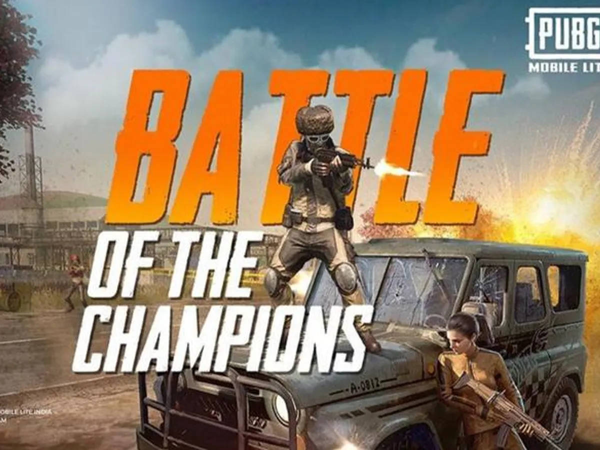 pubg mobile 桌布 壁紙 — 兩名身穿戰鬥裝備的武裝玩家在一輛被摧毀的吉普車上戰鬥，伴隨著熾熱的爆炸和粗體橙色文字宣告「BATTLE OF THE CHAMPIONS」，呈現出一張粗獷的遊戲海報。