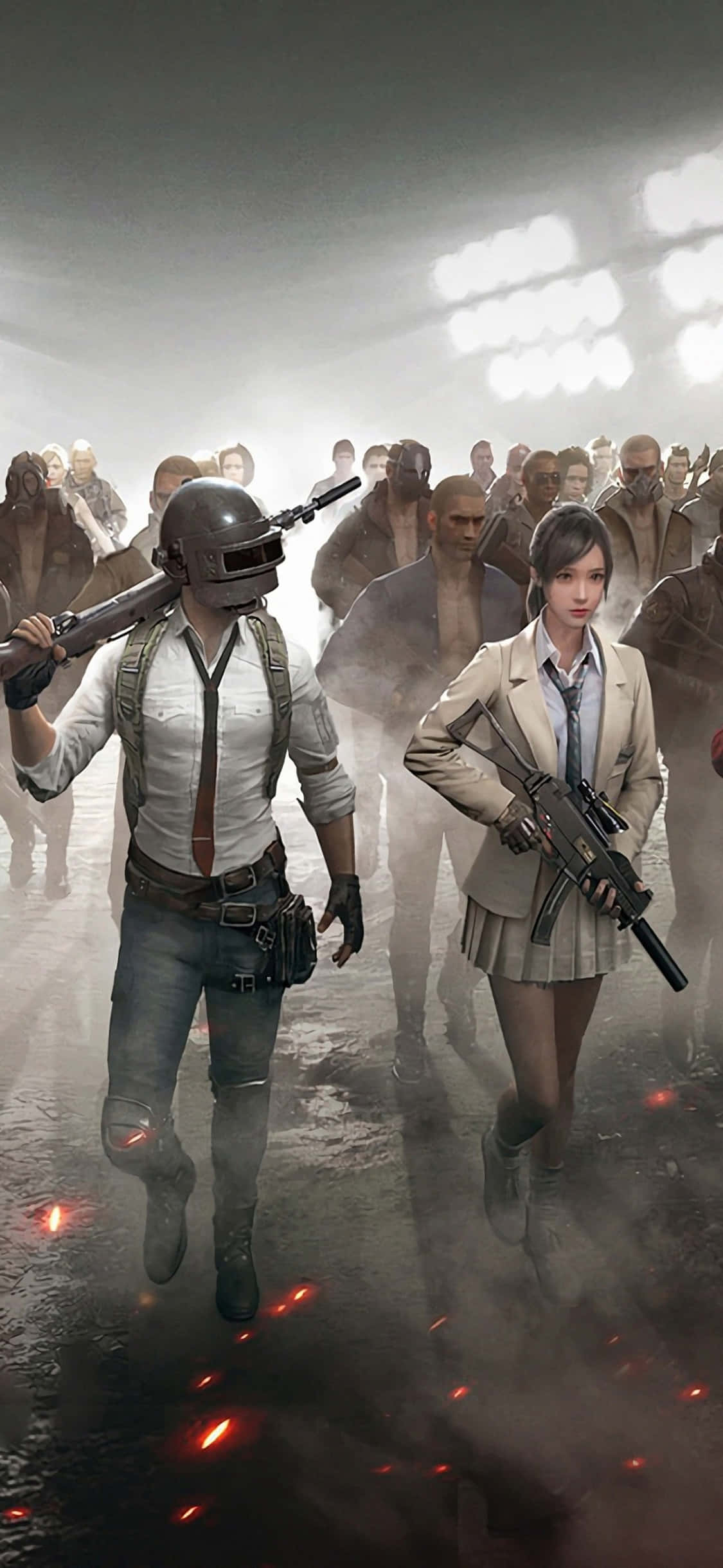 Playerunknown's Battlegrounds 桌布 壁紙 — 兩名身穿戰鬥裝備的武裝玩家穿過煙霧彌漫的競技場，地面有發光的餘燼。