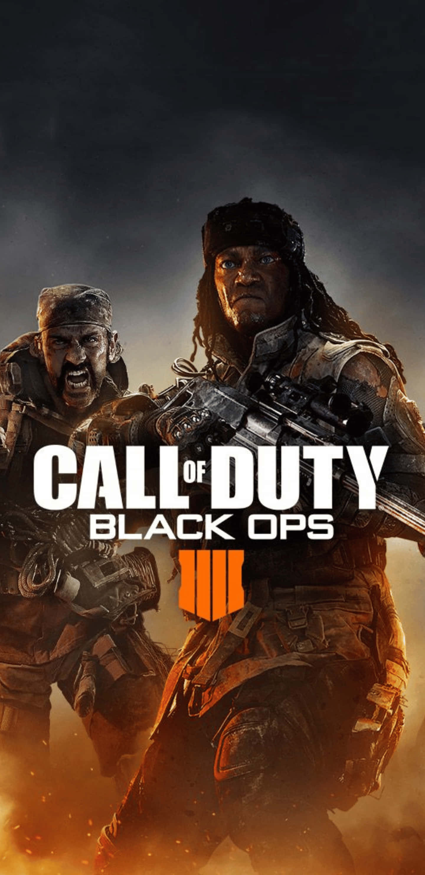 Pixel 3xl Call Of Duty Black Ops 4 桌布 壁紙 — 兩名身穿戰鬥裝備的激烈士兵站在黑暗天空下的火熱煙霧中，遊戲標題疊加在上方。