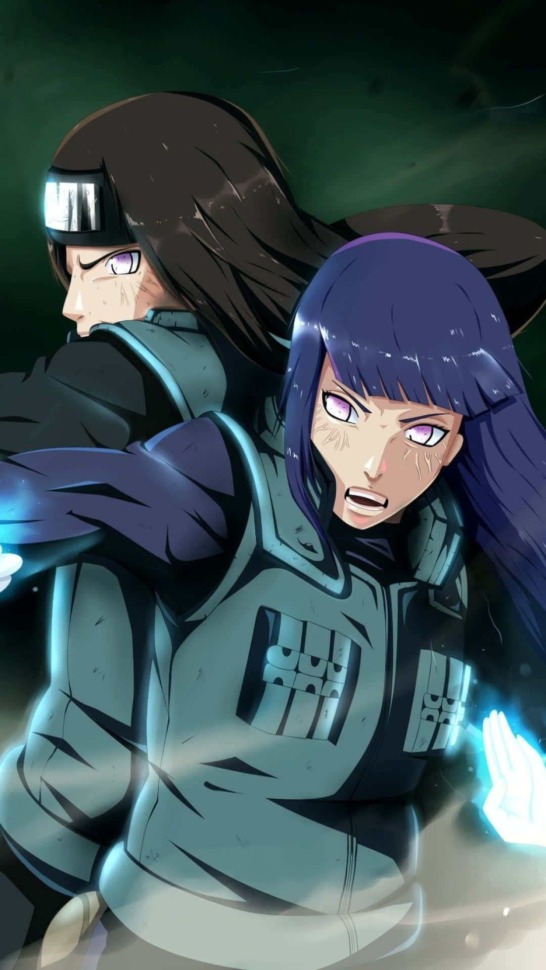 Neji Hyuga 桌布 壁紙 — 兩名身穿暗色裝備的動漫忍者戰士在陰暗的綠色背景下釋放出發光的藍色查克拉之手。