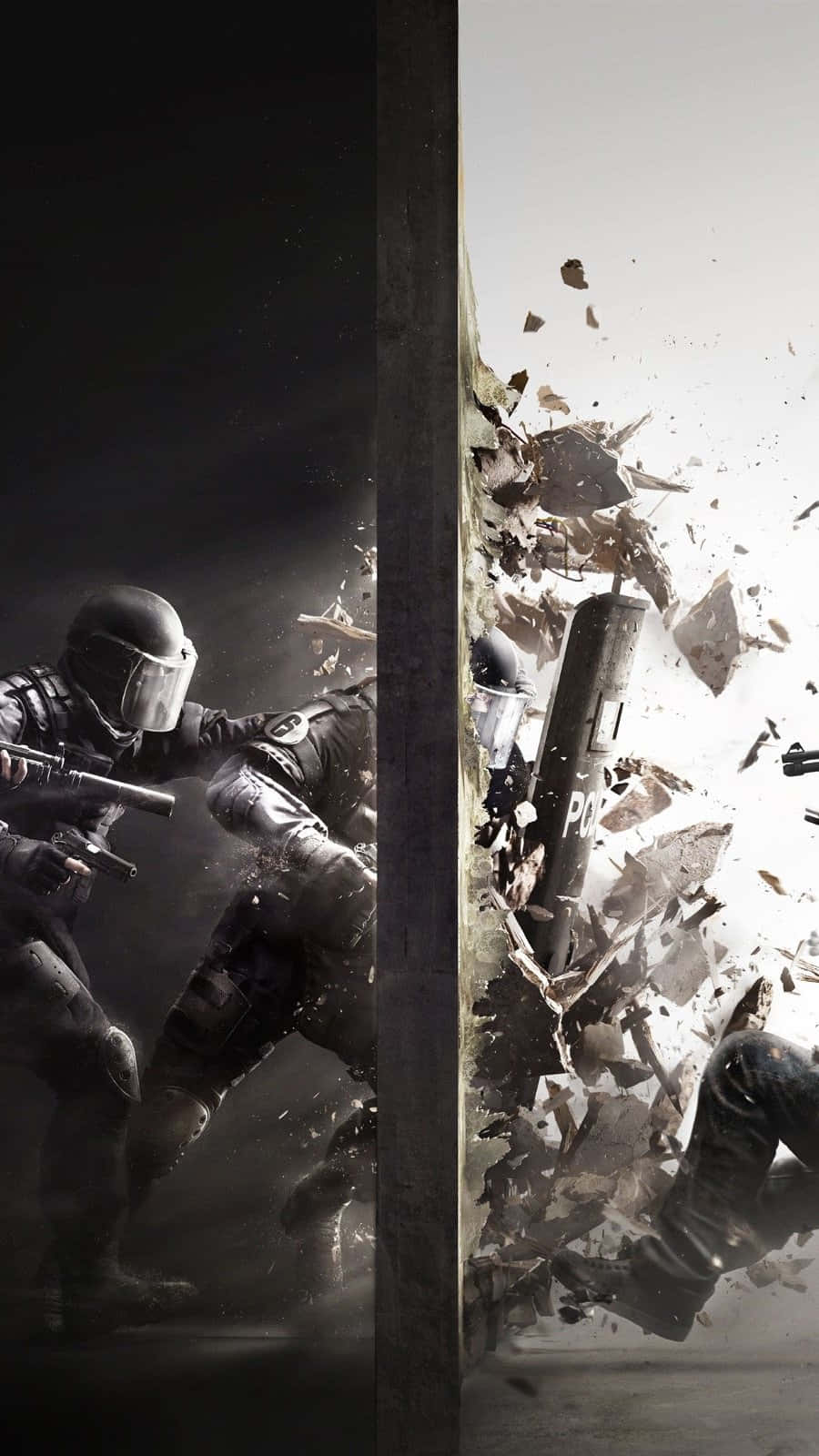 Android Rainbow Six Siege 桌布 壁紙 — 兩名身穿暗色裝備的戰術士兵用力突破牆壁，碎片向外爆炸，形成高衝擊力的動作場景。