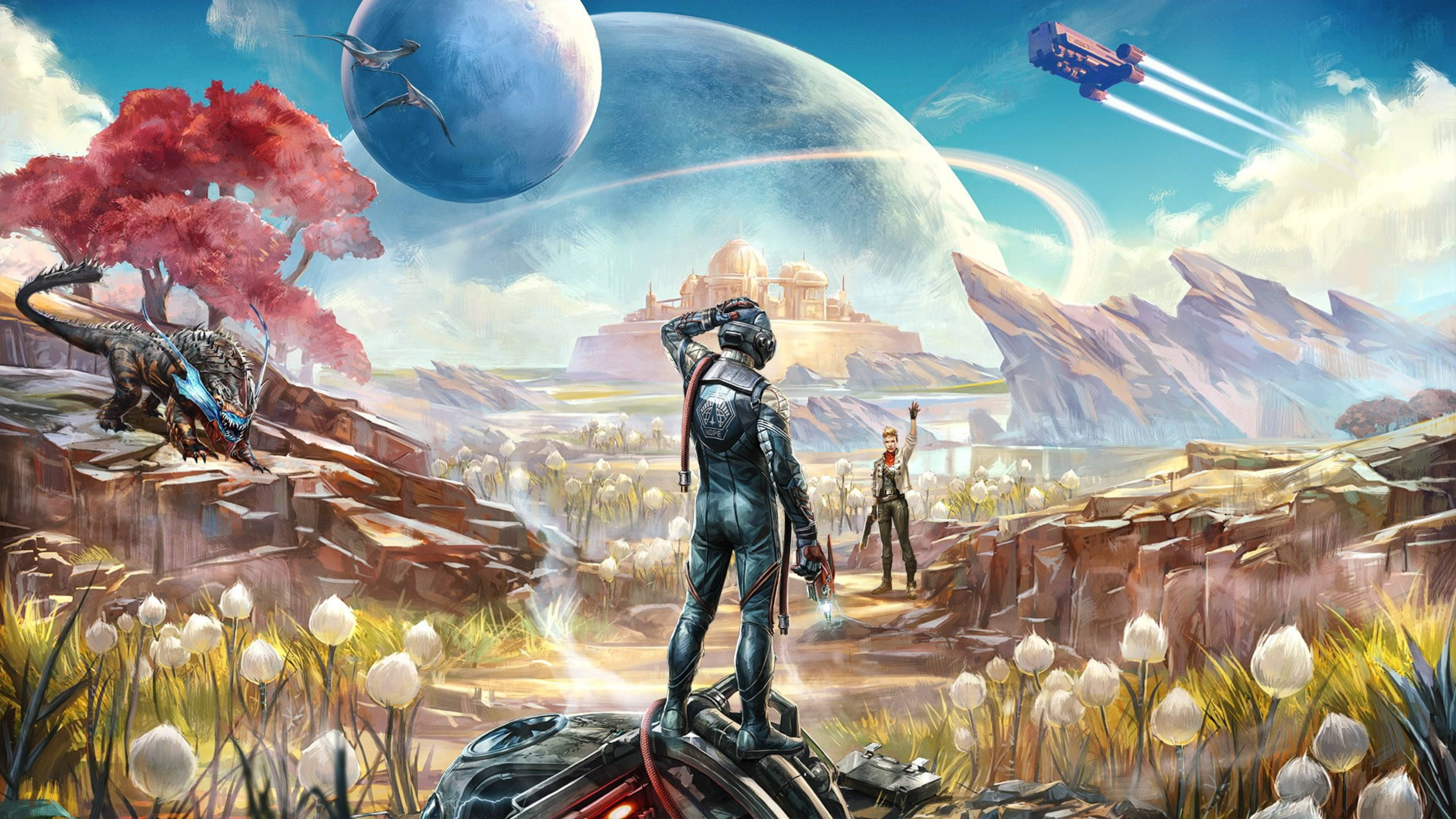 Outer Worlds 桌布 壁紙 — 兩名身穿未來盔甲的探險家站在一個岩石外星世界，有白色花朵、紅色樹木和天空中漂浮的行星。