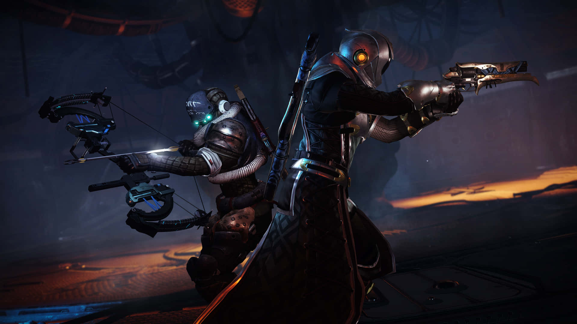 Titan Destiny 2 4K 桌布 壁紙 — 兩名身穿未來裝備的裝甲戰士在昏暗的科幻環境中瞄準武器，背景是發光的橙色地平線。