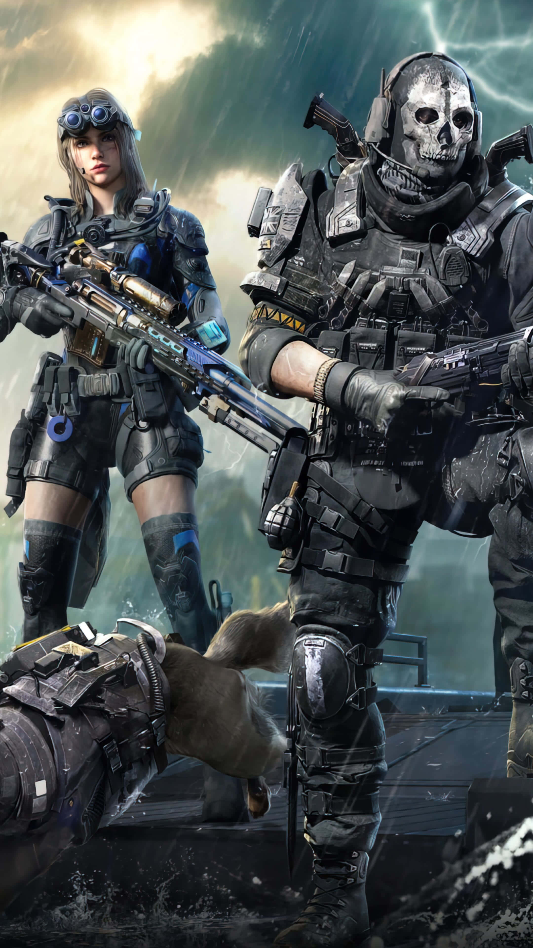 Cod Mobile Character Skins 桌布 壁紙 — 兩名身穿未來裝備的重武裝士兵站在風暴肆虐的戰場上，附近有一名倒下的同袍。