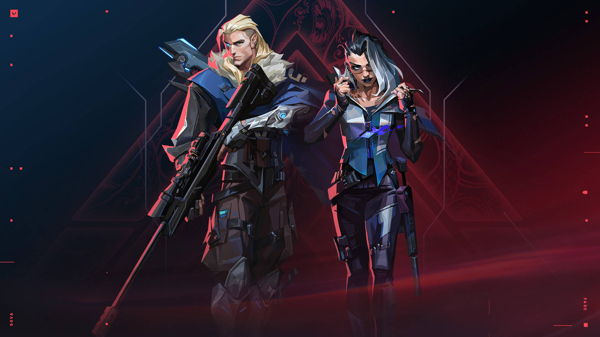 game 桌布 壁紙 — 兩名身穿未來裝甲的 cyberpunk 風格戰士，手持武器，站在發光的紅色和深藍色數位背景前。