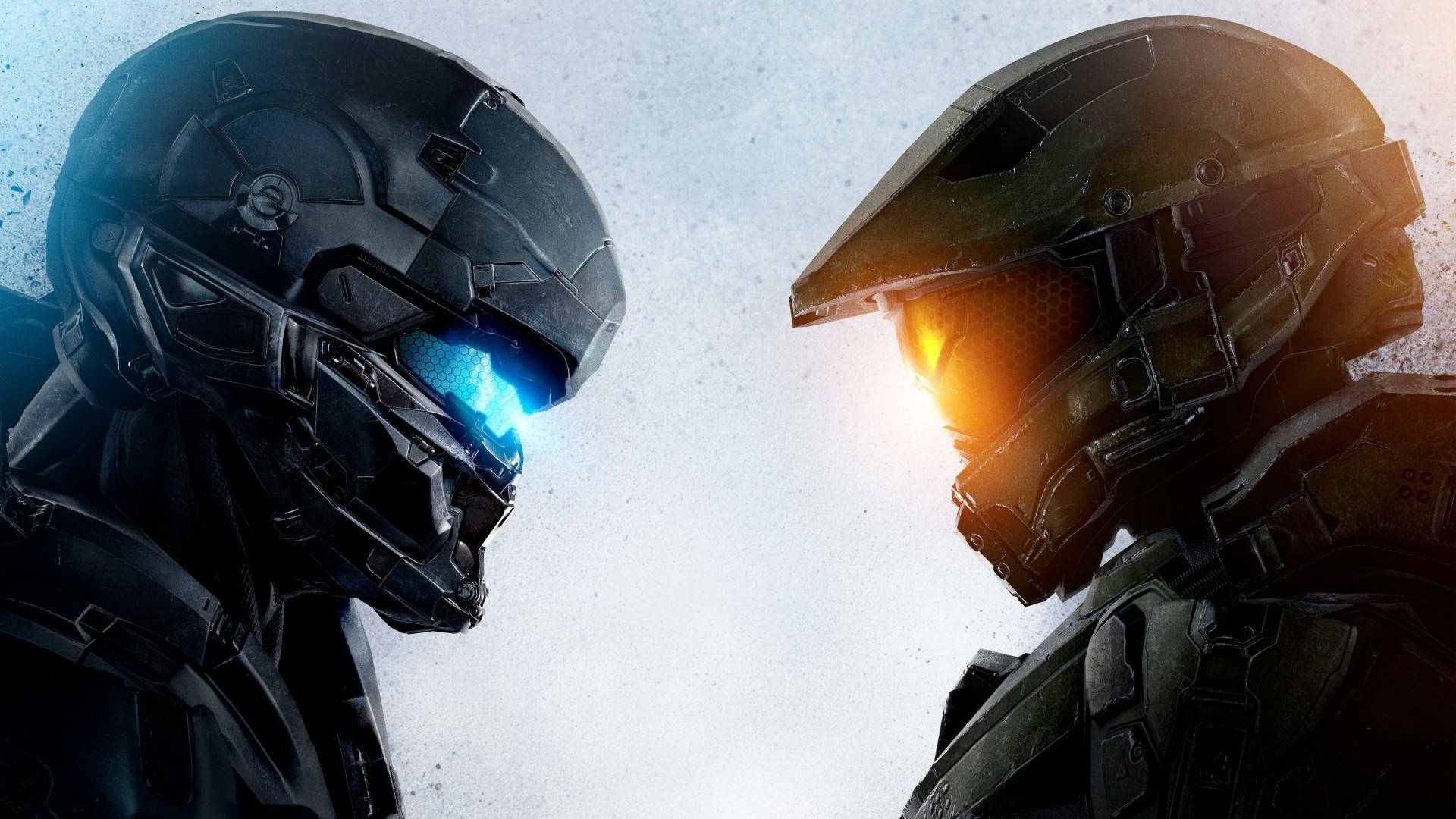 4K halo 桌布 壁紙 — 兩名身穿未來頭盔的裝甲士兵面對面，藍色和橙色發光面罩，背景粗糙有紋理。