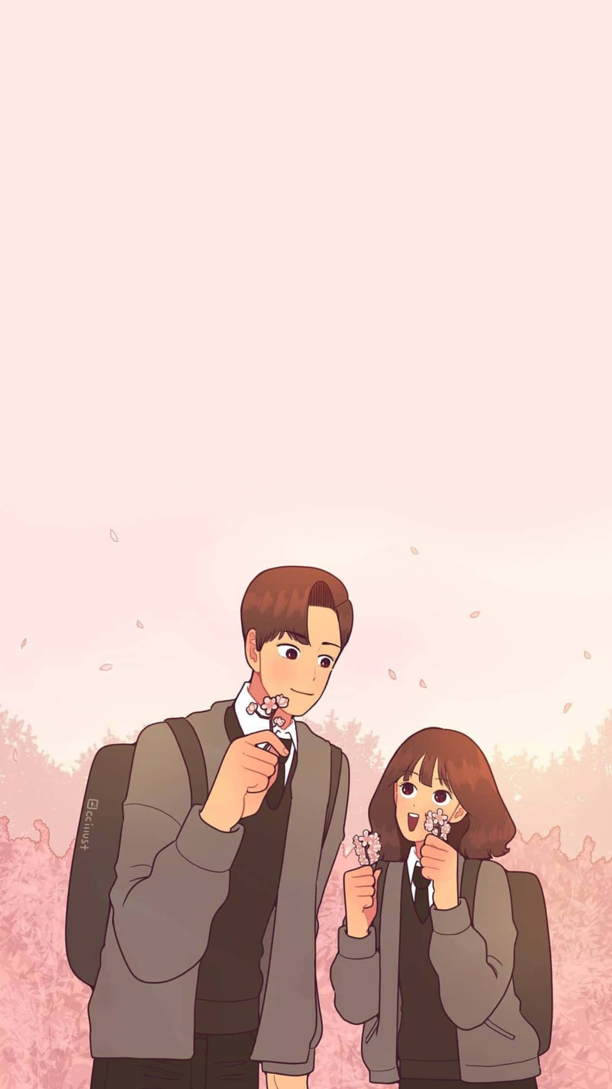 Aesthetic Anime Pfp 桌布 壁紙 — 兩名身穿校服的動漫學生在柔和的粉紅色天空下，伴隨著飄落的花瓣，嗅著櫻花。