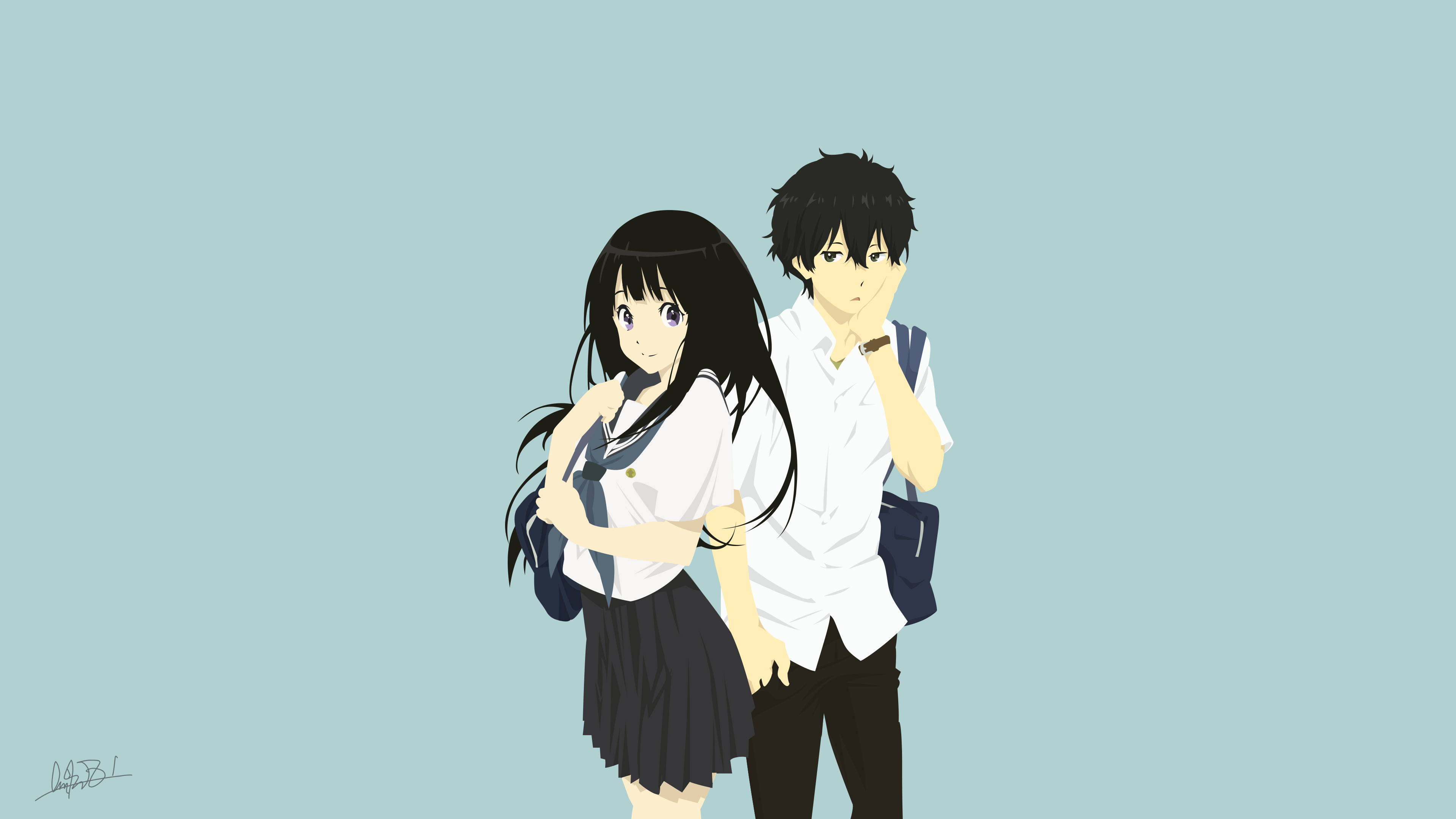 Oreki Houtarou 桌布 壁紙 — 兩名身穿校服的動漫學生在純淺藍色背景前緊密地站在一起。