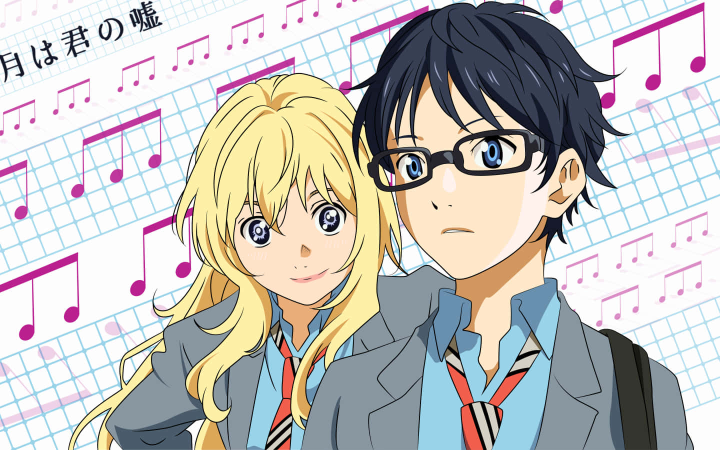 Your Lie In April 桌布 壁紙 — 兩名身穿校服的動漫學生站在帶有粉紅色音符和日文字句的樂譜背景前。