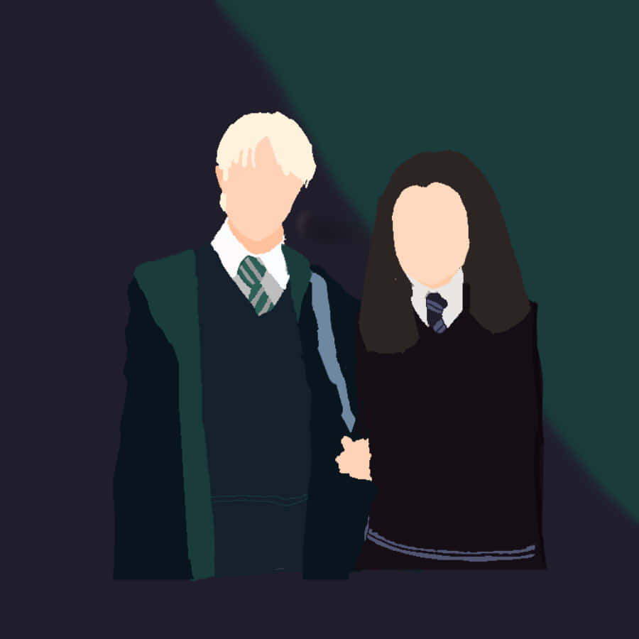 Harry Potter Profile 桌布 壁紙 — 兩名身穿校服的學生並肩站在聚光燈下，背景為深綠色。