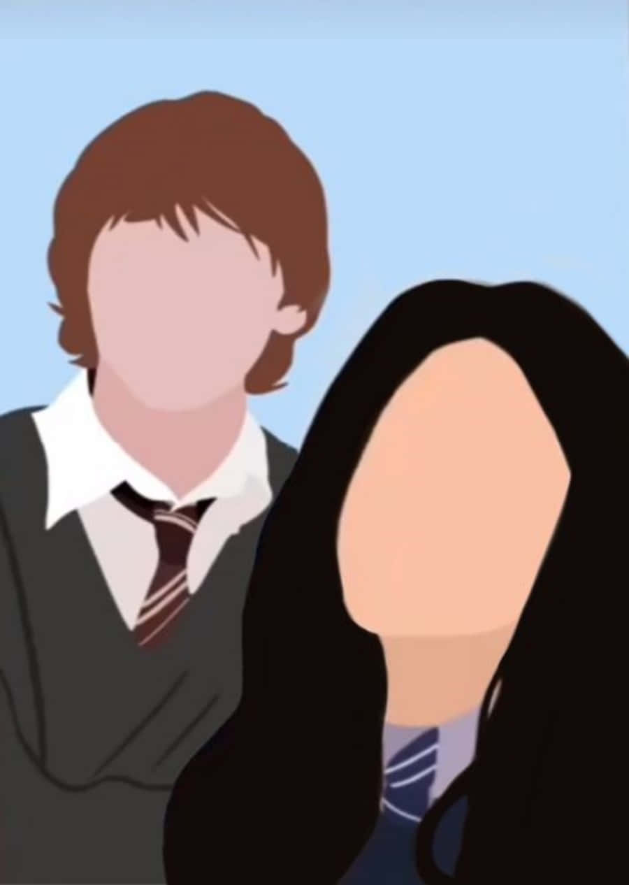 Harry Potter Profile 桌布 壁紙 — 兩名身穿校服的學生在柔和的藍色背景前緊密地站在一起，面無表情。