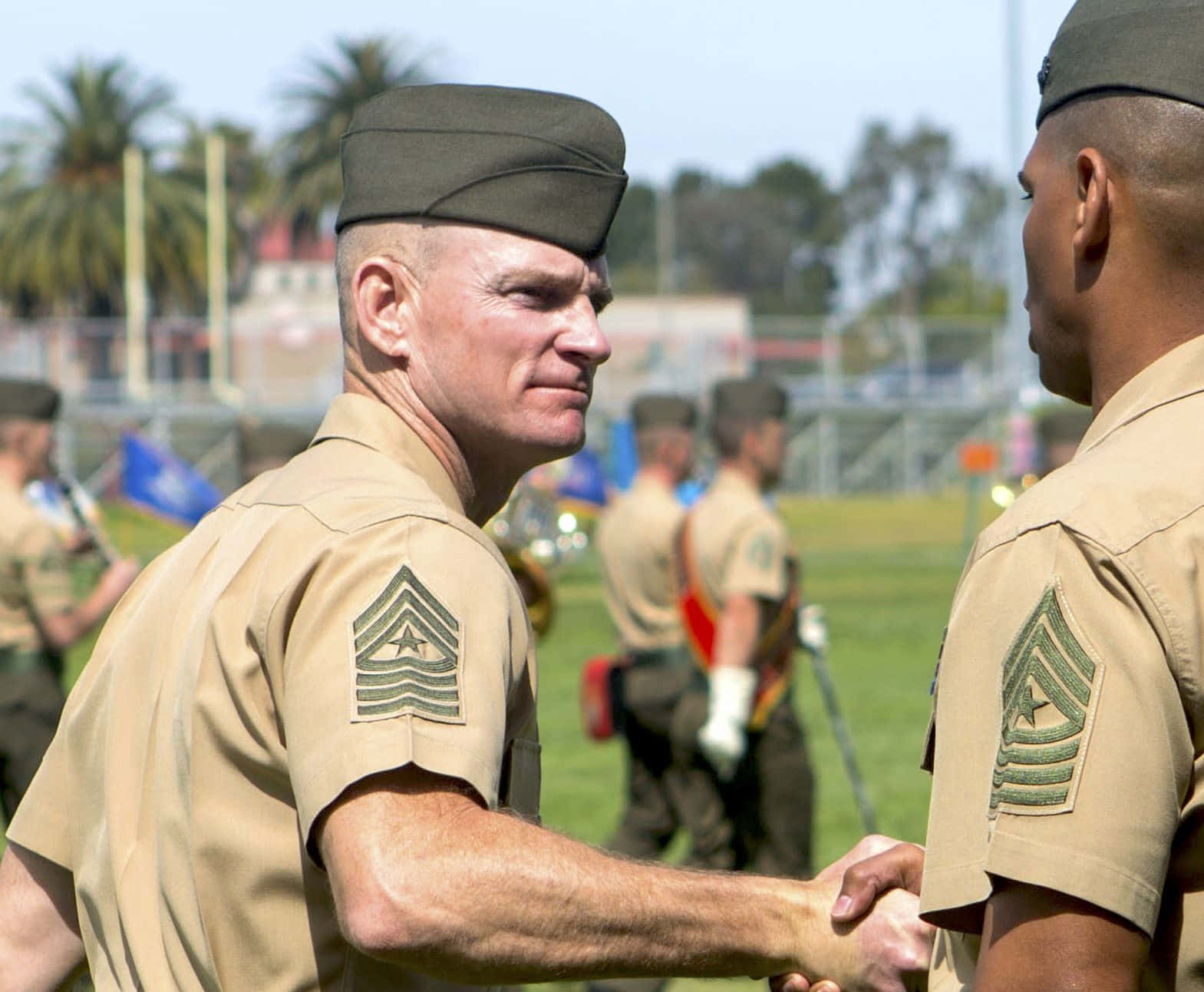Marines 桌布 壁紙 — 兩名身穿棕色制服的軍士在陽光明媚的田野上握手，背景有棕櫚樹和旗幟。