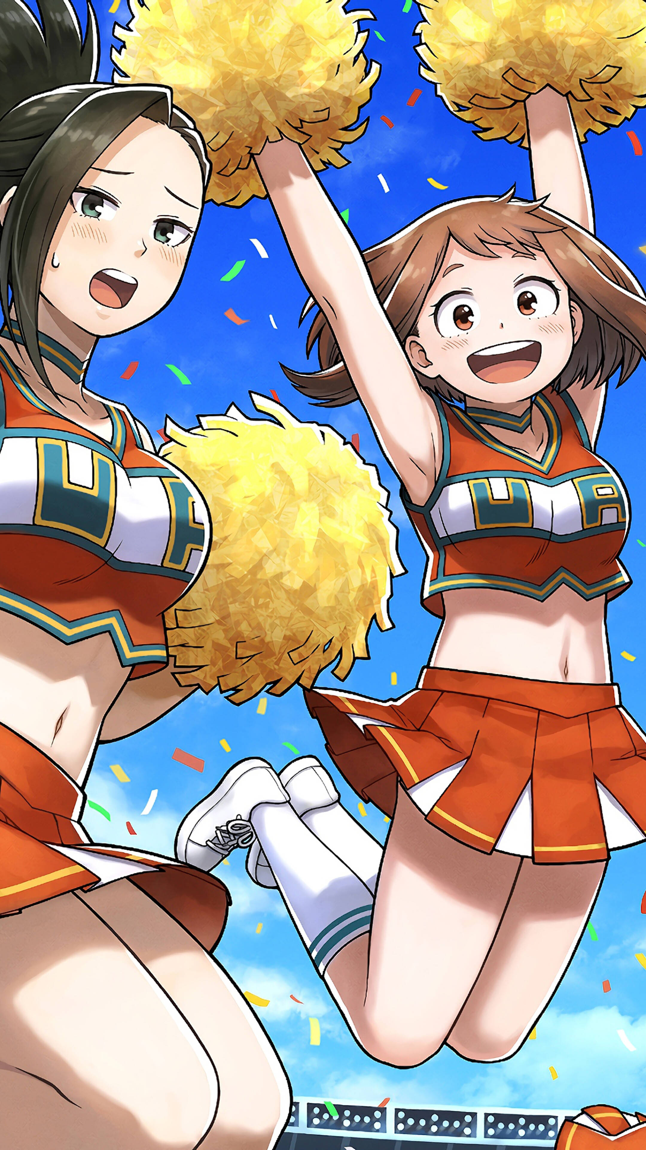 動漫女孩 桌布 壁紙 — 兩名身穿橙色制服的動漫啦啦隊員在藍天和飄落的紙屑中開心地跳躍。