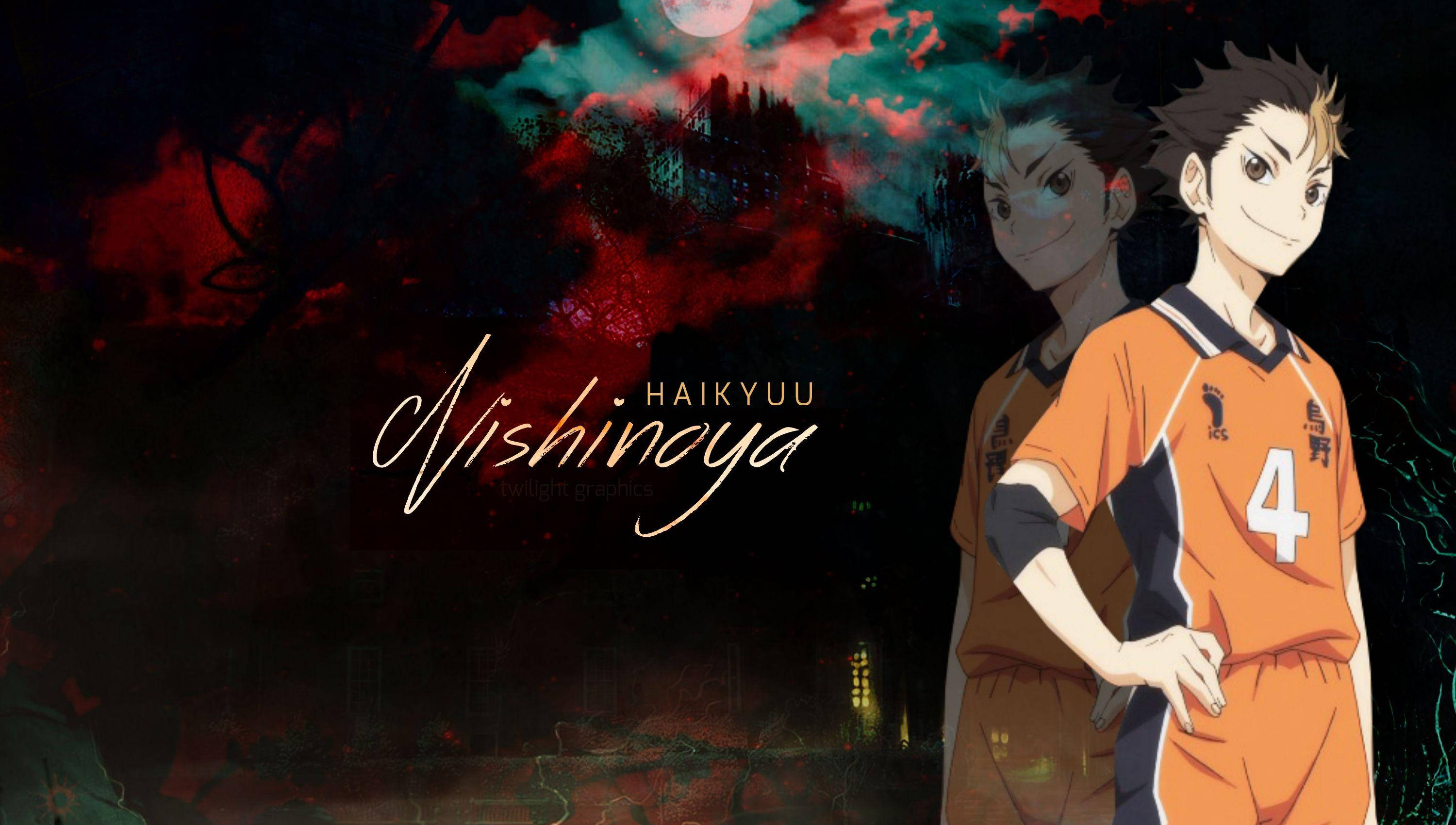 yu nishinoya 桌布 壁紙 — 兩名身穿橙色制服的動漫排球選手自信地站在深紅色和藍綠色的暴風雨天空下，伴隨著一輪發光的月亮。