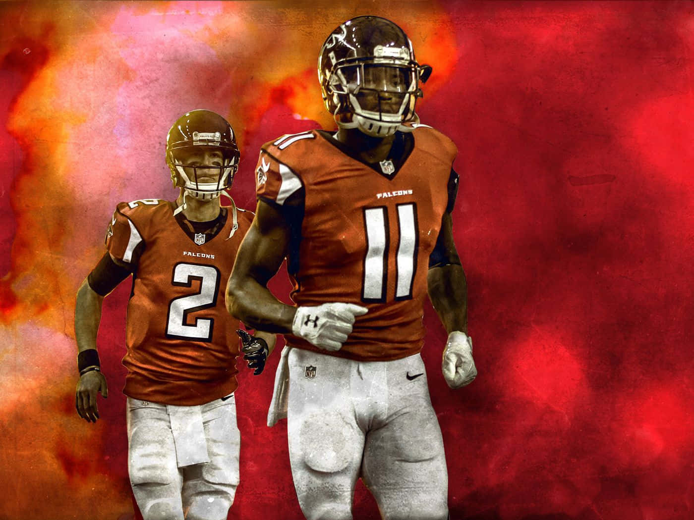 Julio Jones 桌布 壁紙 — 兩名身穿橙色球衣的亞特蘭大獵鷹隊美式足球員，站在火紅與橙色抽象背景前。