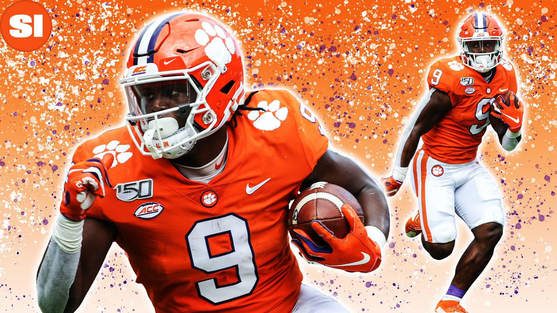 Travis Etienne 桌布 壁紙 — 兩名身穿橙色球衣的克萊姆森足球員在充滿活力的橙色潑濺背景下持球衝刺。