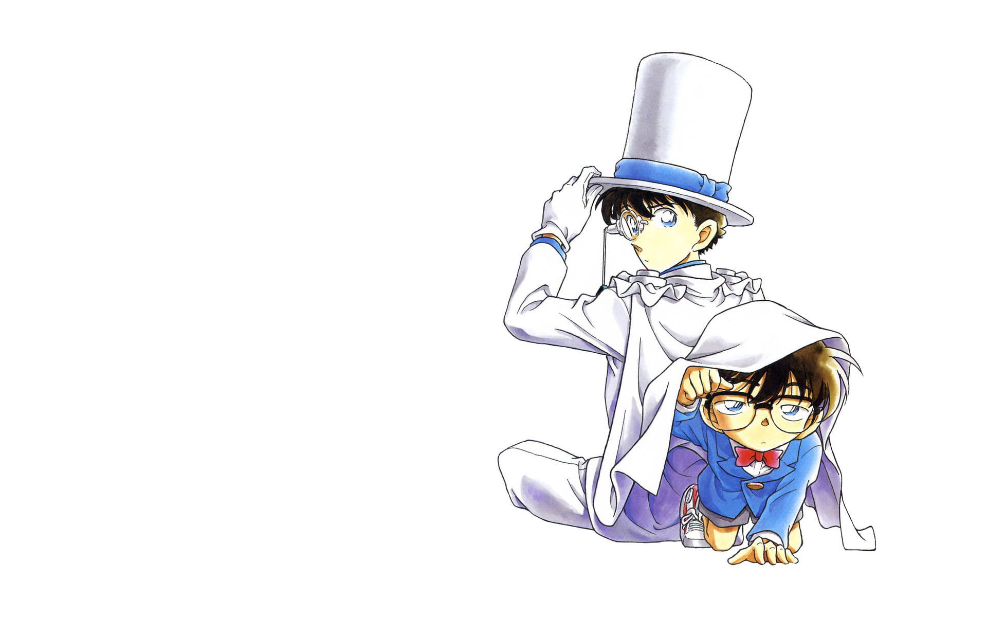 conan 桌布 壁紙 — 兩名身穿正式服裝的動畫偵探在純白色背景前俏皮地擺姿勢，其中一人調整高頂帽，另一人蹲在他旁邊。