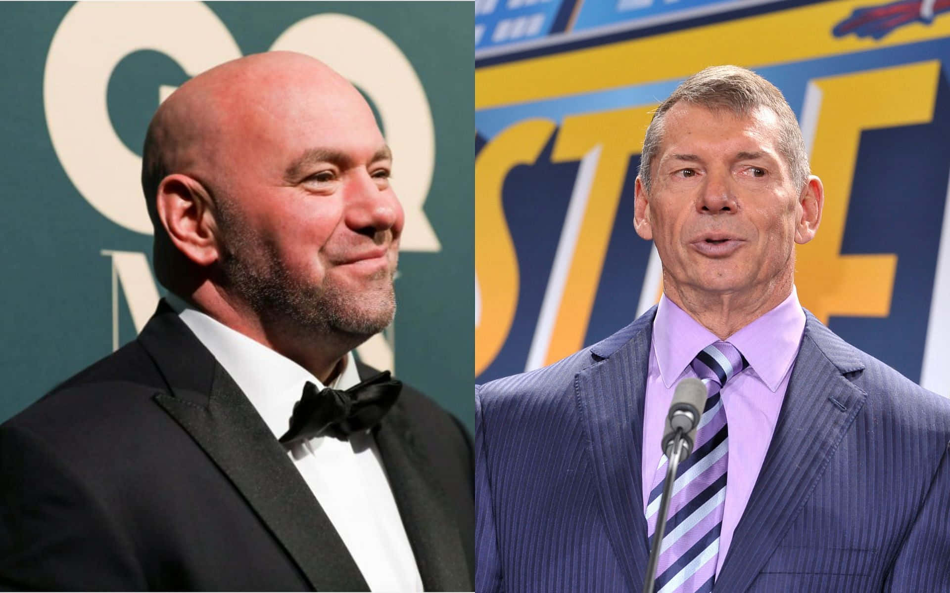 UFC 桌布 壁紙 — 兩名身穿正式服裝的男子，一人身穿燕尾服在活動中微笑，另一人身穿細條紋西裝在講台上發言。