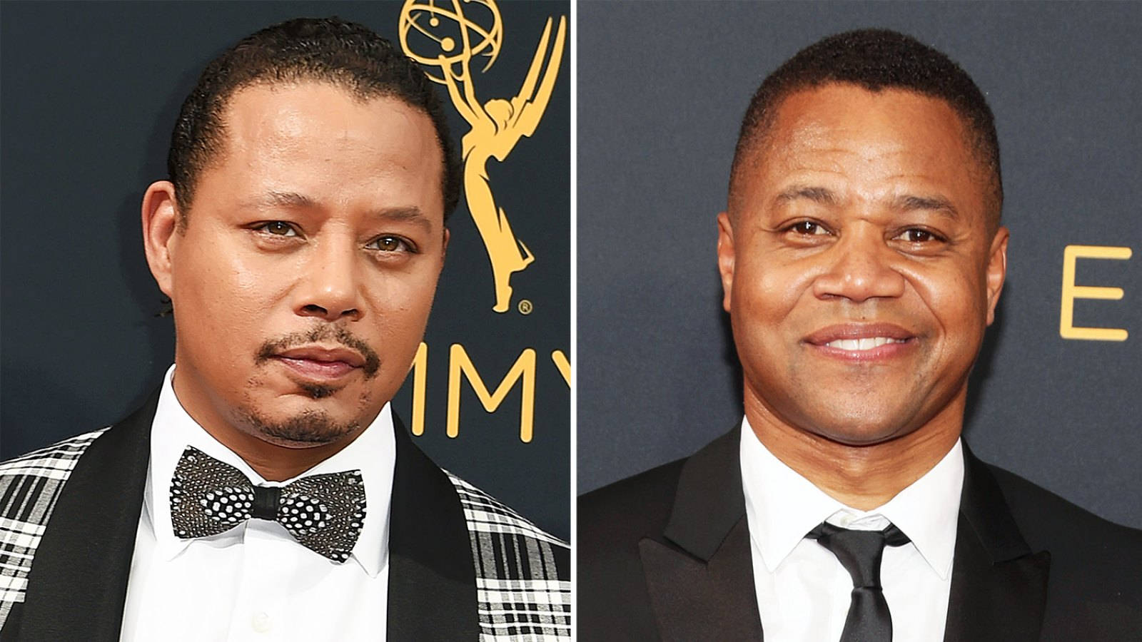 Cuba Gooding Jr 桌布 壁紙 — 兩名身穿正裝的男子在艾美獎頒獎典禮上，以帶有金色標誌的深藍色背景前擺姿勢。