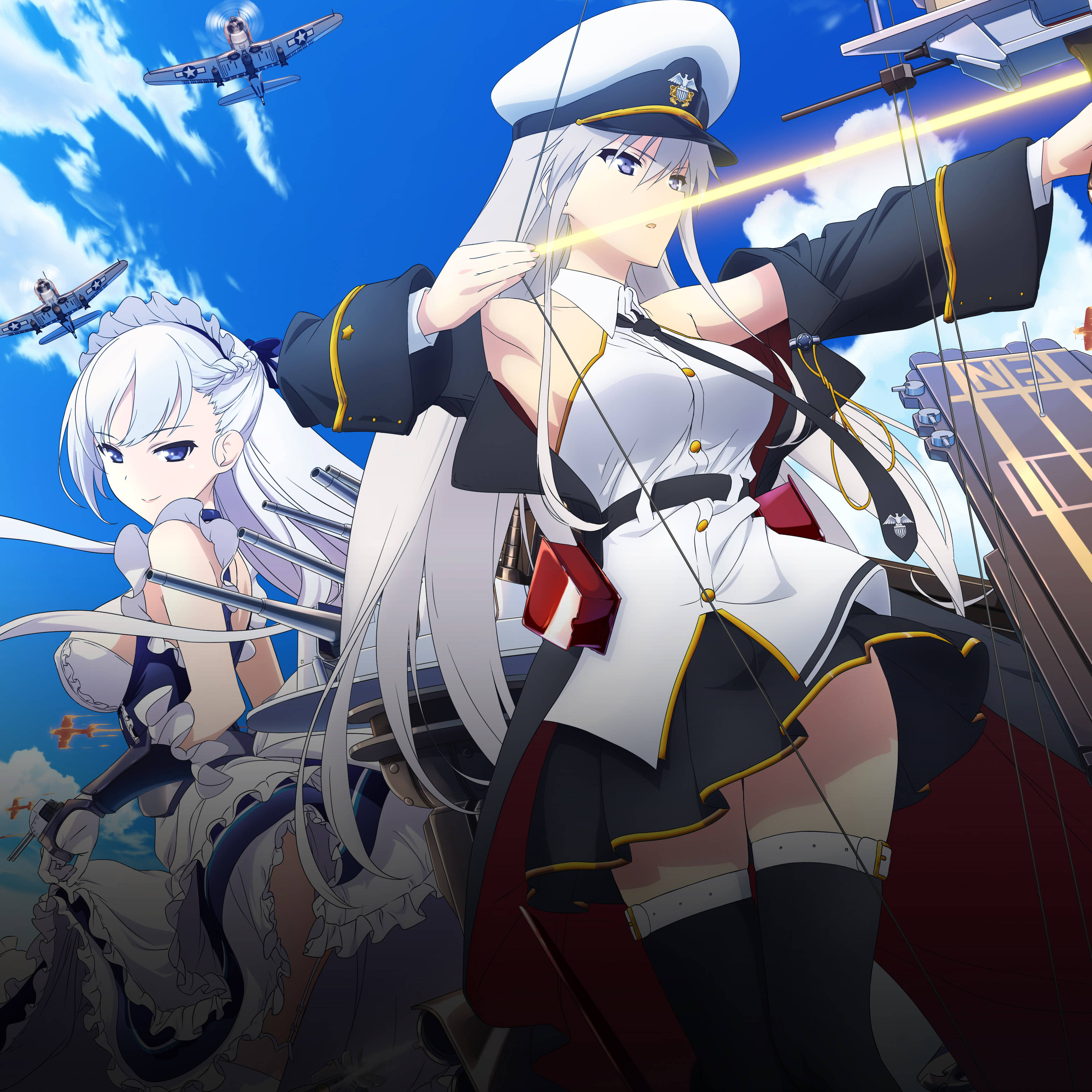 Lane 桌布 壁紙 — 兩名身穿海軍制服的動畫女孩站在航空母艦上發射雷射光束，戰鬥機在她們頭頂飛過，背景是明亮的藍天。