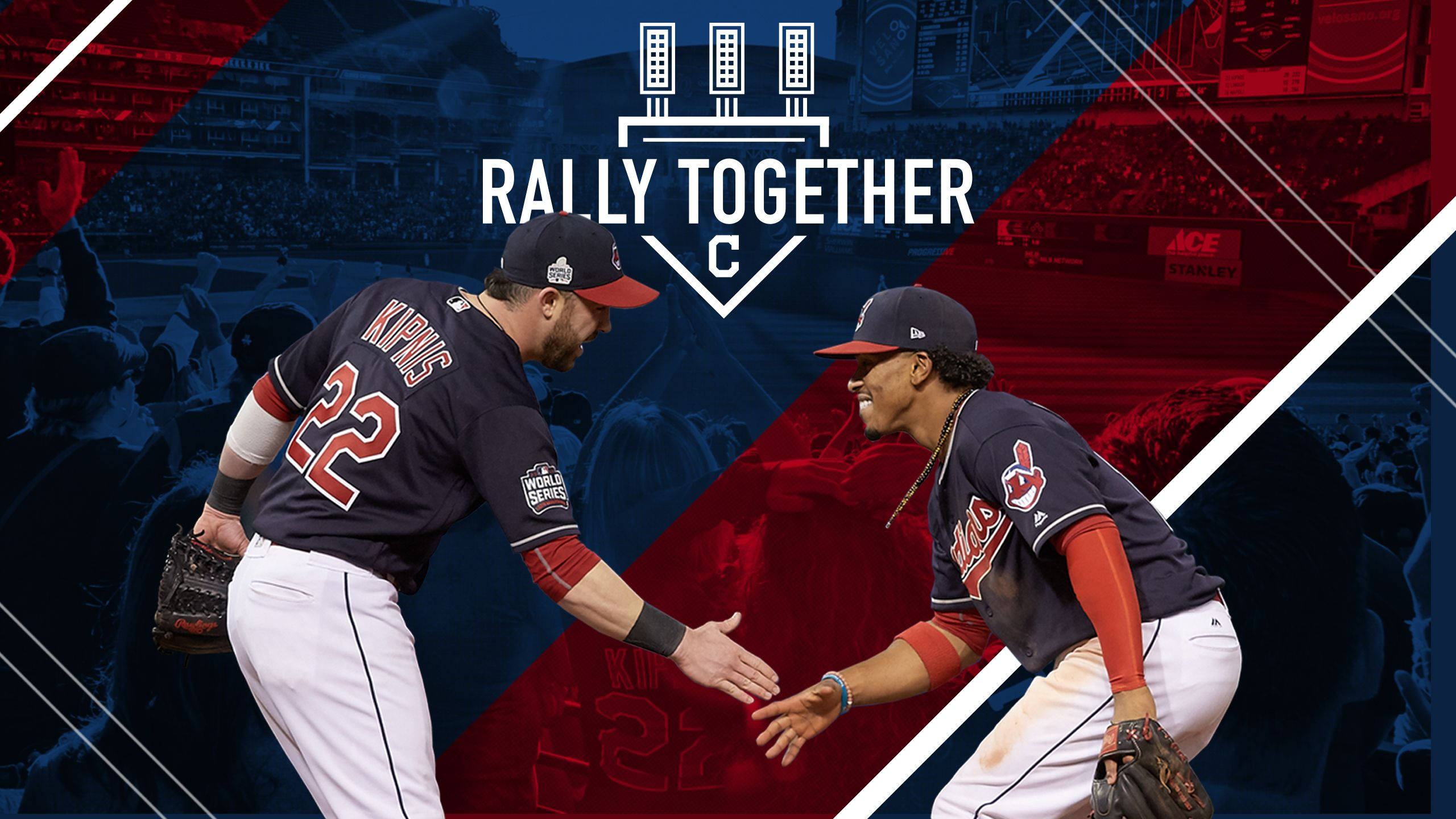 Cleveland Indians 桌布 壁紙 — 兩名身穿海軍藍球衣的棒球運動員在紅藍分割的球場背景上握手，並帶有「RALLY TOGETHER」文字。