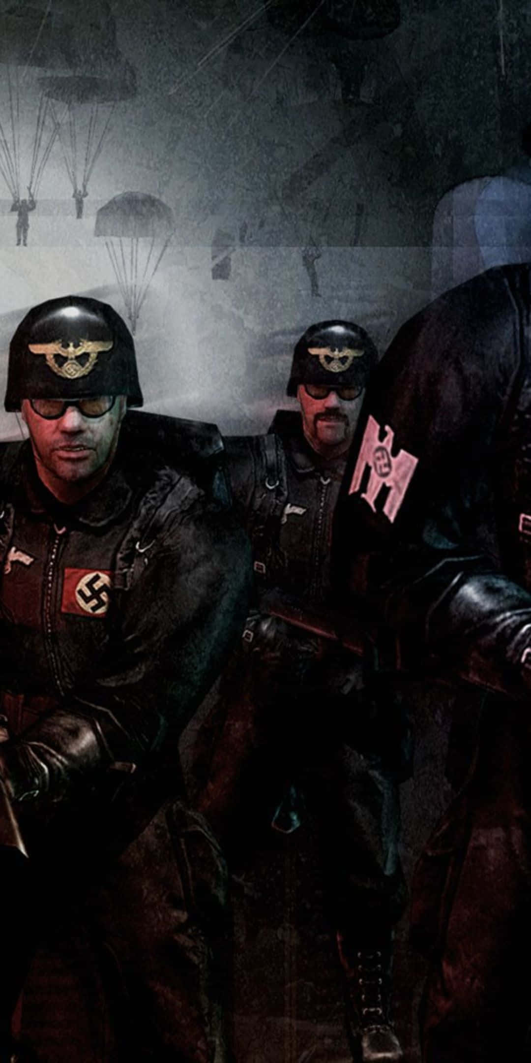 Pixel 3 Wolfenstein Ii 桌布 壁紙 — 兩名身穿深色制服、帶有卐字標誌的嚴肅士兵站在煙霧瀰漫的戰場上，身後有降落傘下降。
