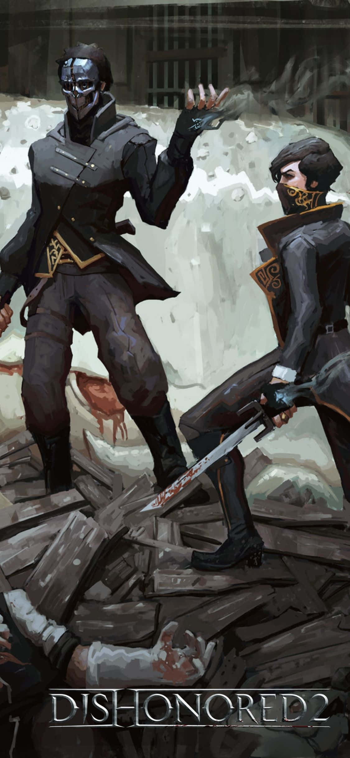 iPhone X Dishonored 2 桌布 壁紙 — 兩名身穿深色外套的蒙面刺客站在陰暗工業環境的瓦礫中，俯視倒下的敵人。