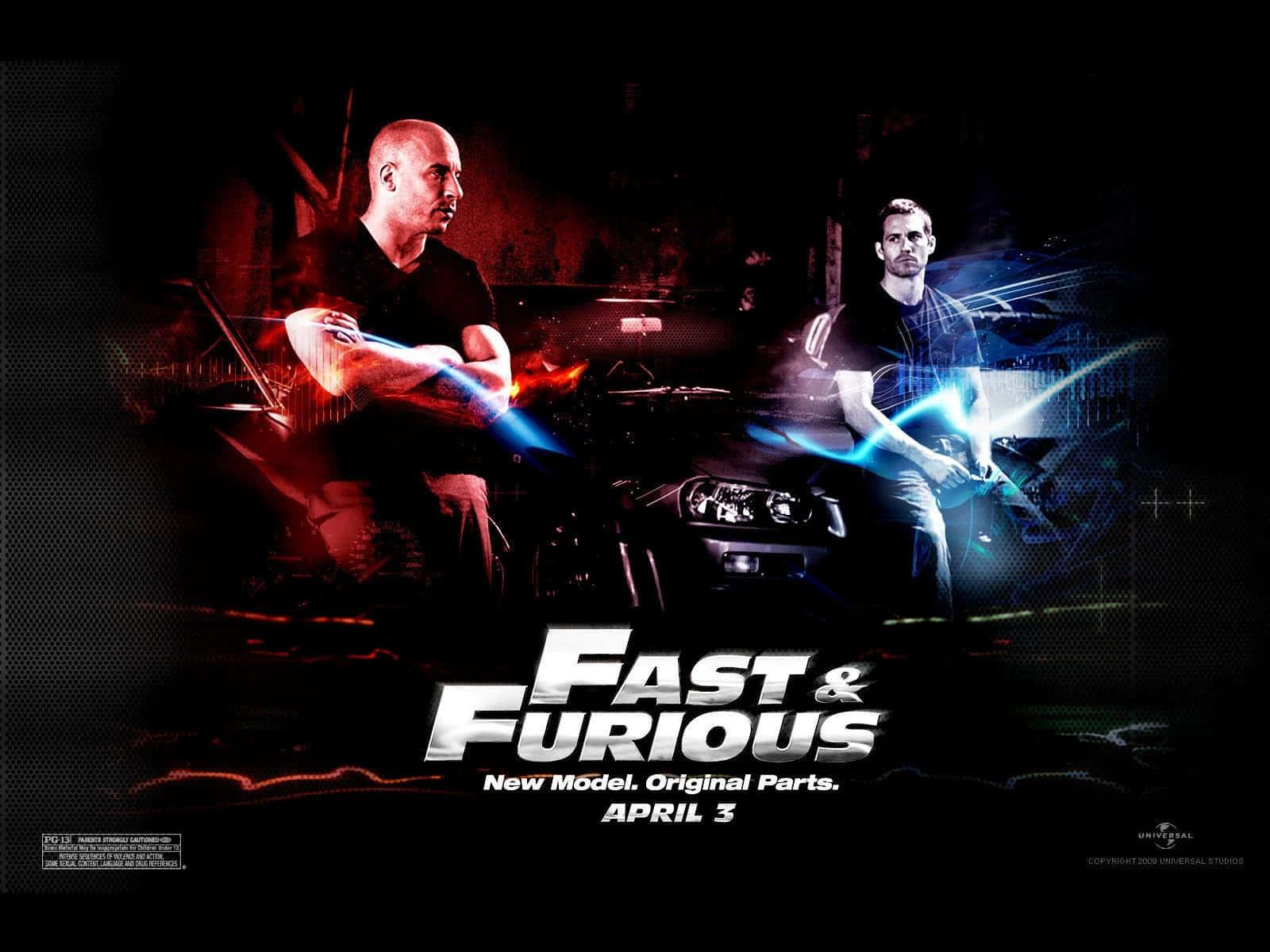 Fast And Furious Desktop 桌布 壁紙 — 兩名身穿深色衣服的男子站在一輛汽車的兩側，汽車帶有發光的紅色和藍色能量效果，背景為黑色。