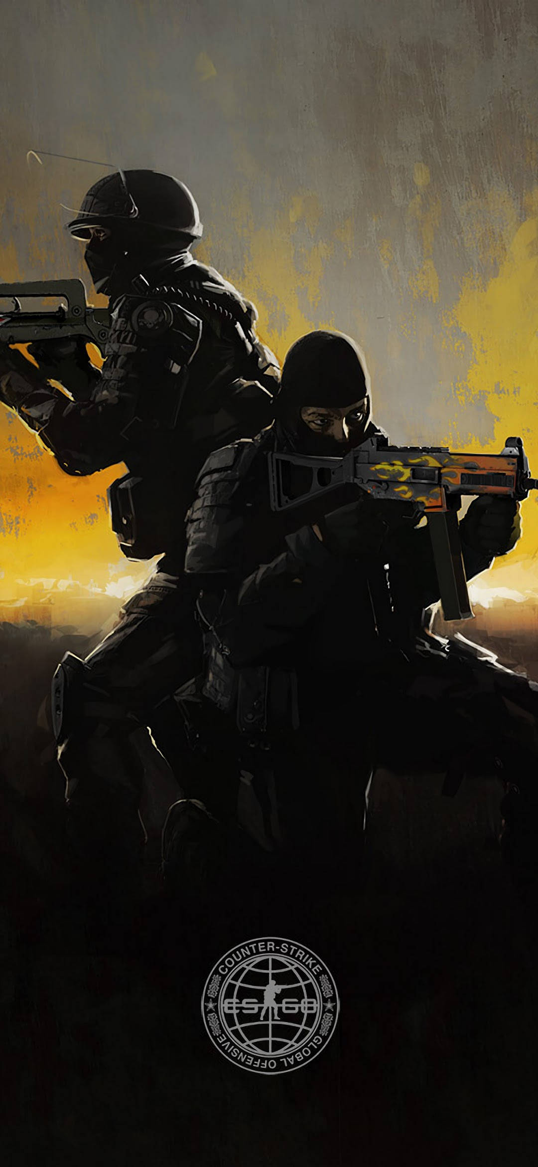 cs go iPhone 桌布 壁紙 — 兩名身穿深色裝備的戰術士兵，在熾熱的橙色和灰色背景下，手持步槍前進。