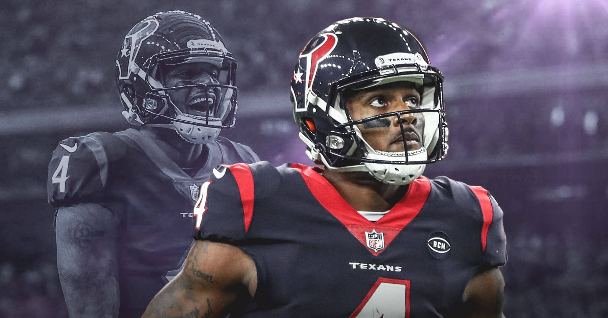 Deshaun Watson 桌布 壁紙 — 兩名身穿深藍色球衣配紅色點綴的休士頓德州人美式足球員，在球場燈光下凝視著對方。