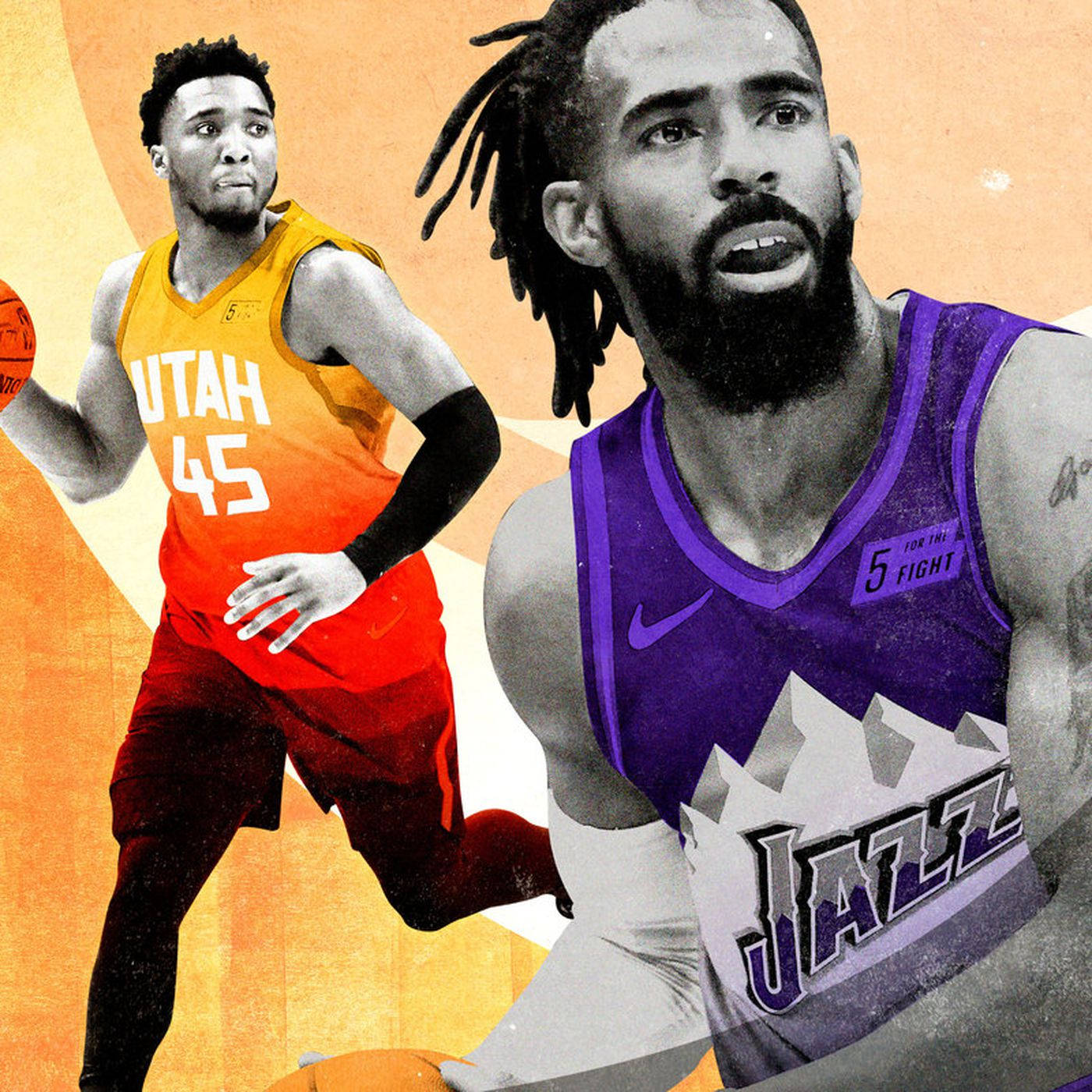 mike conley 桌布 壁紙 — 兩名身穿猶他爵士隊球衣的籃球運動員在溫暖的橙色幾何背景前動態擺姿勢。