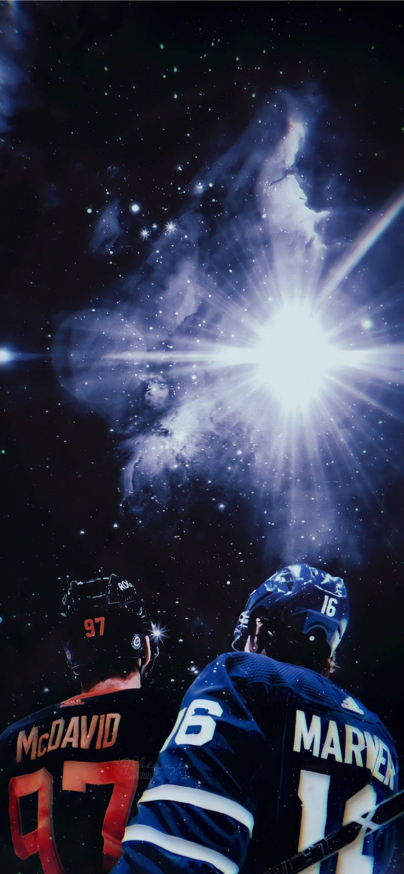 hockey 桌布 壁紙 — 兩名身穿球衣的曲棍球運動員仰望散發藍白星光的燦爛宇宙星雲。
