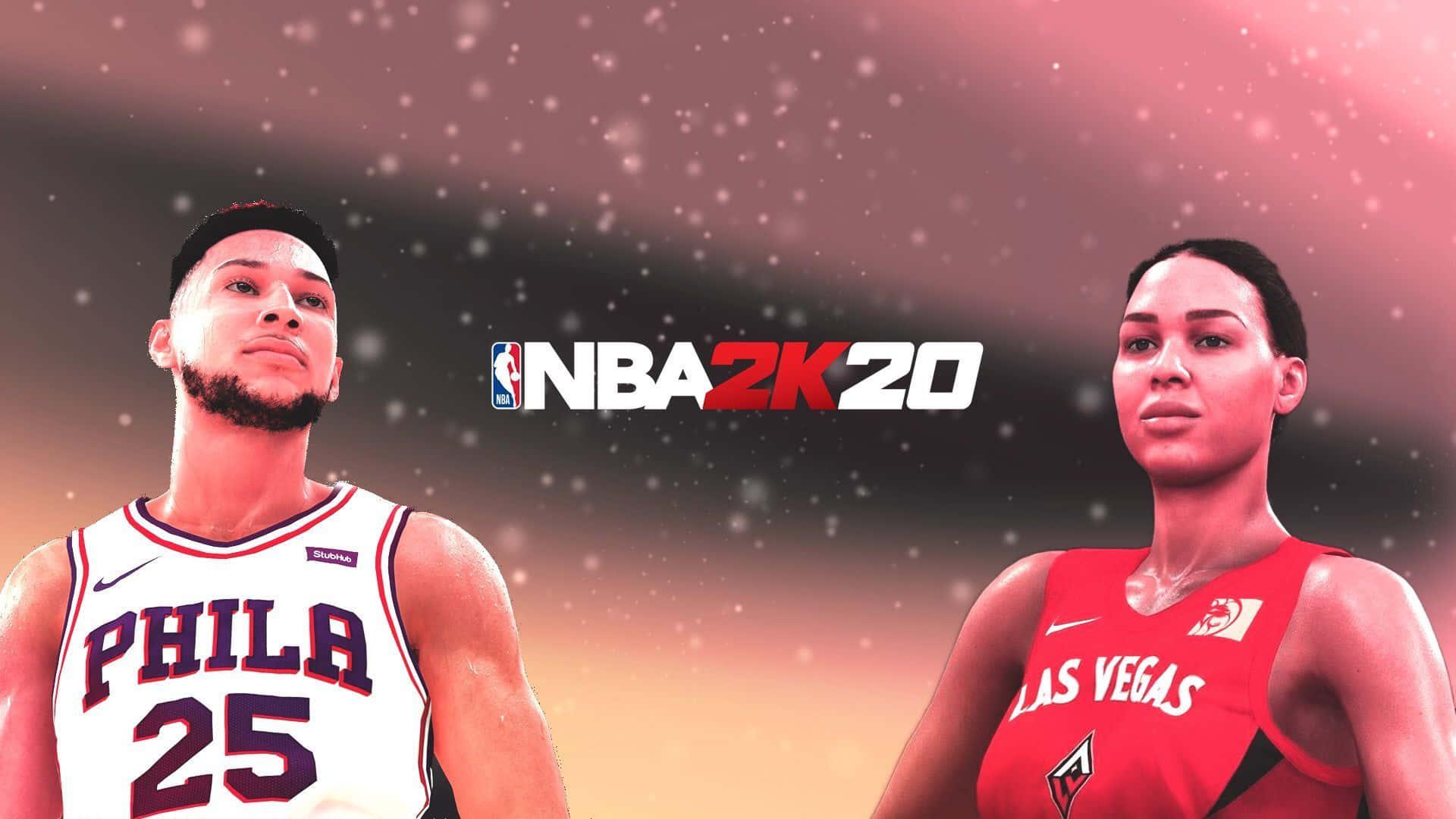 Nba2k20 桌布 壁紙 — 兩名身穿球隊球衣的NBA 2K20籃球運動員站在發光漸變背景前，帶有閃爍粒子。