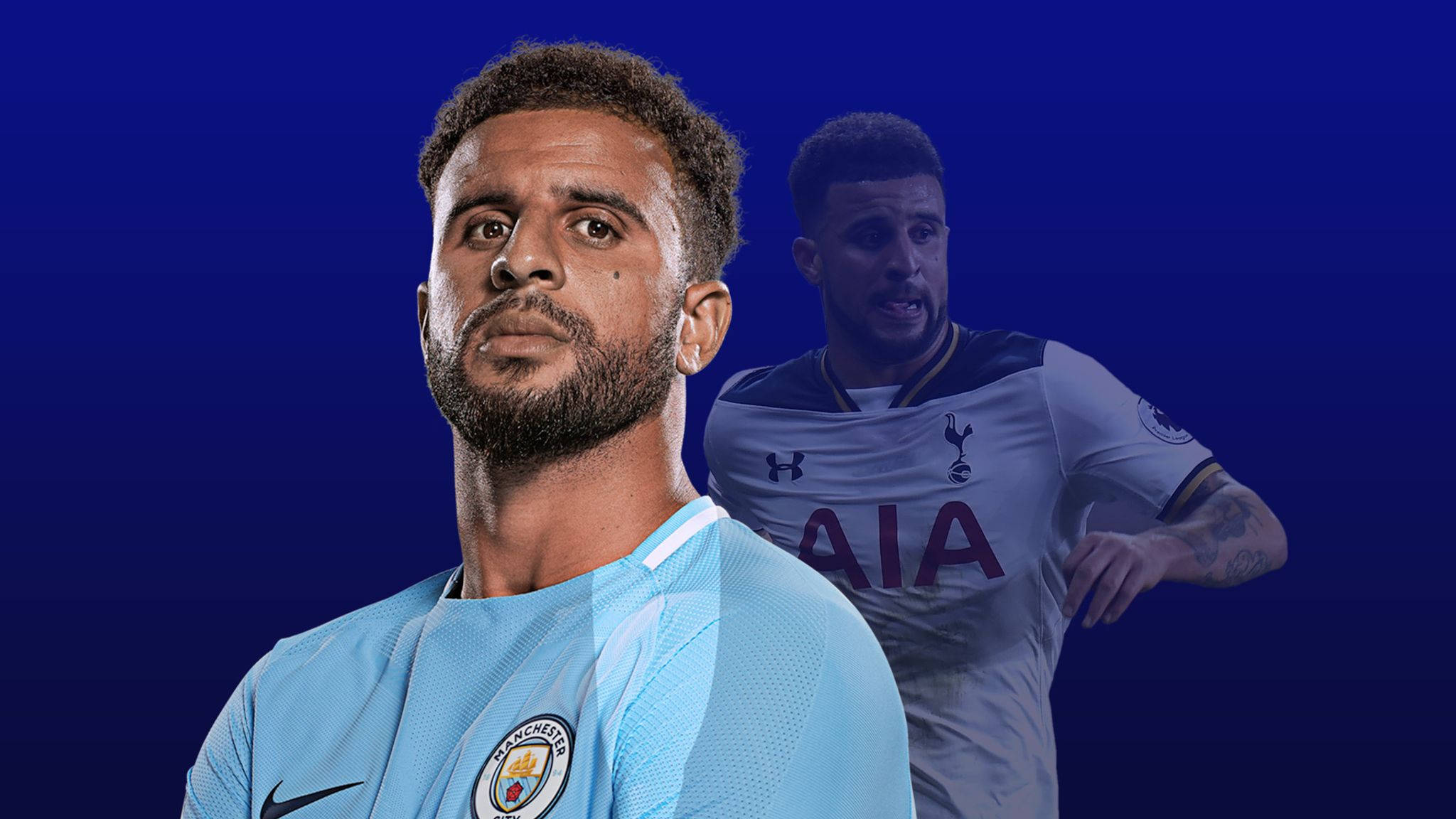 Kyle Walker 桌布 壁紙 — 兩名身穿球隊球衣的足球運動員站在深藍色漸變背景前，一人身穿淺藍色曼城球衣，另一人身穿白色熱刺球衣。