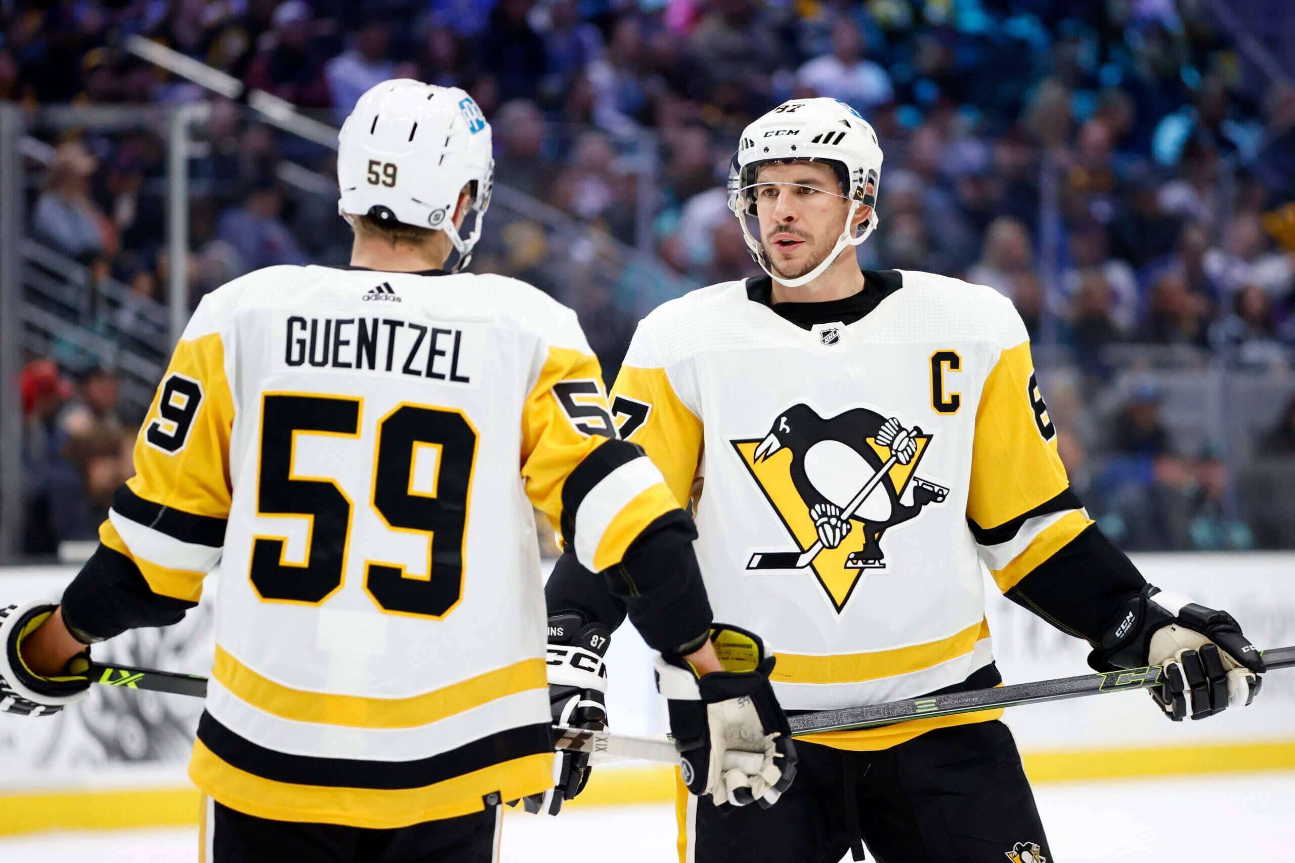 hockey 桌布 壁紙 — 兩名身穿白色、黃色和黑色球衣的匹茲堡企鵝冰球運動員在比賽期間在冰上交談，背景是模糊的人群。