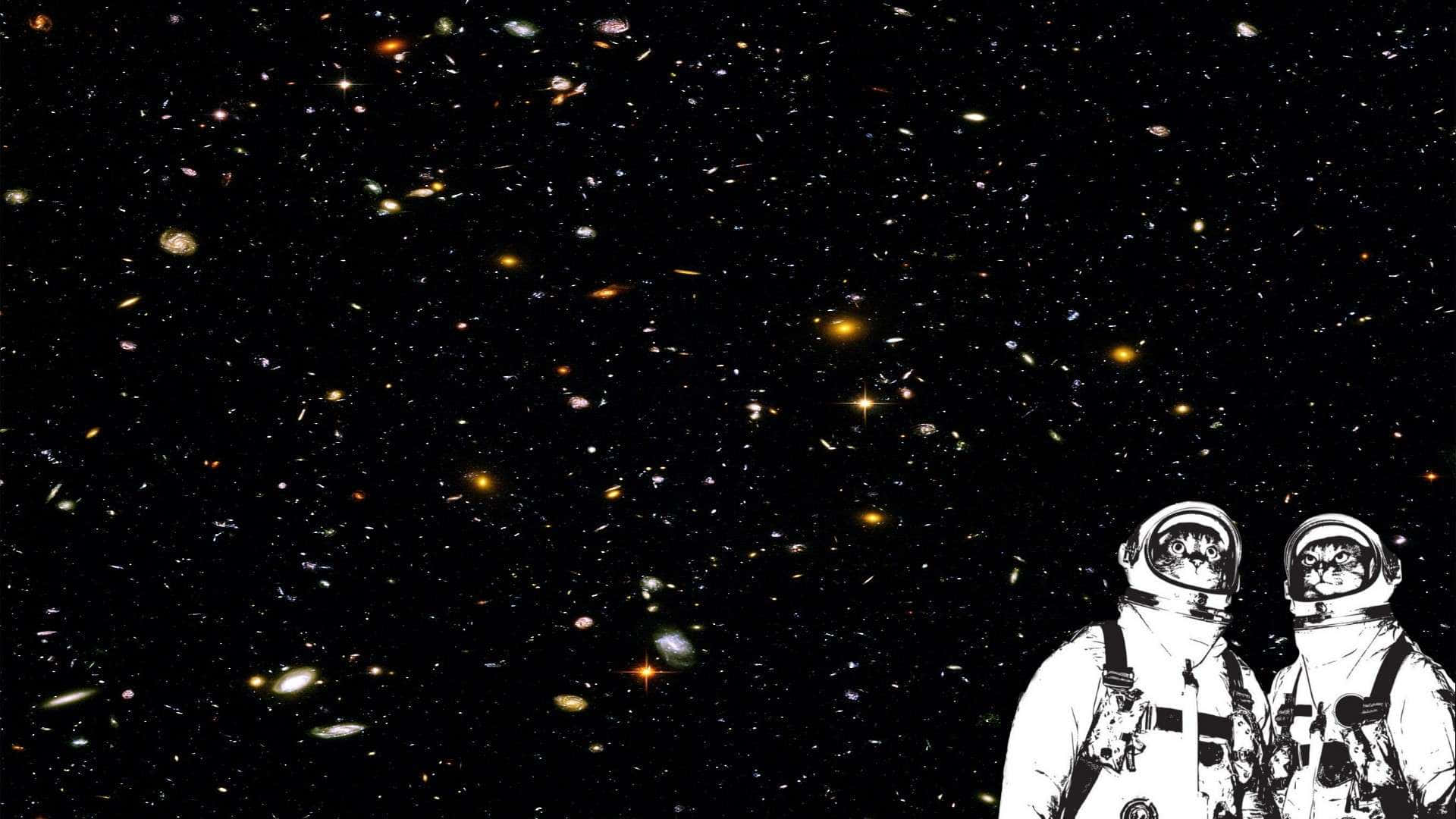 Cartoon Space 桌布 壁紙 — 兩名身穿白色太空衣的太空人仰望一片充滿發光星系和恆星的廣闊宇宙領域。