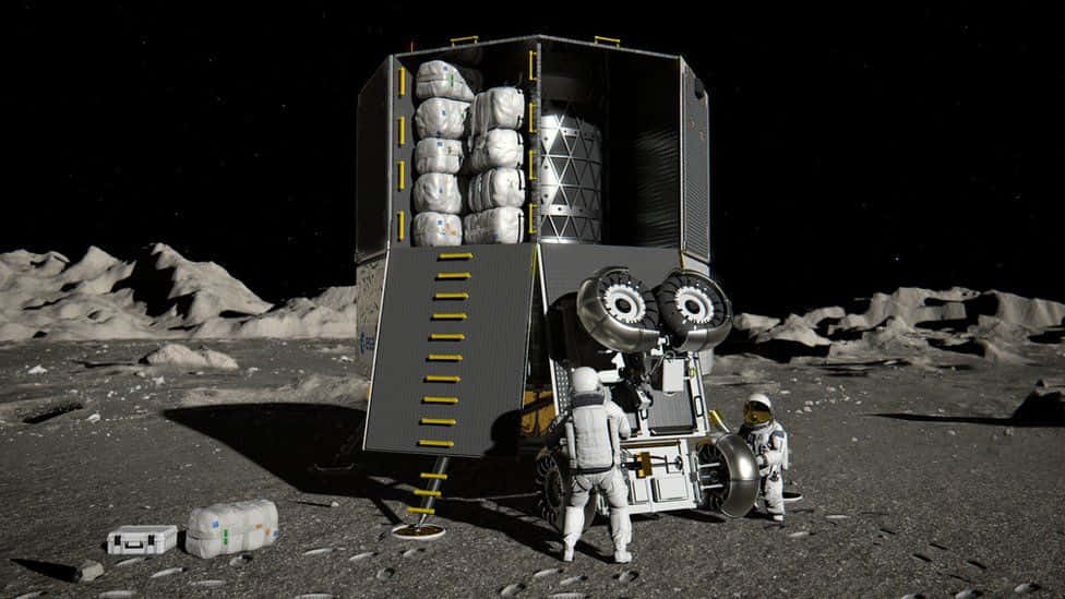 Lunar Rover 桌布 壁紙 — 兩名身穿白色太空衣的太空人站在荒涼的月球表面，旁邊是一輛未來風格的月球車和儲存模組，背景是星空。