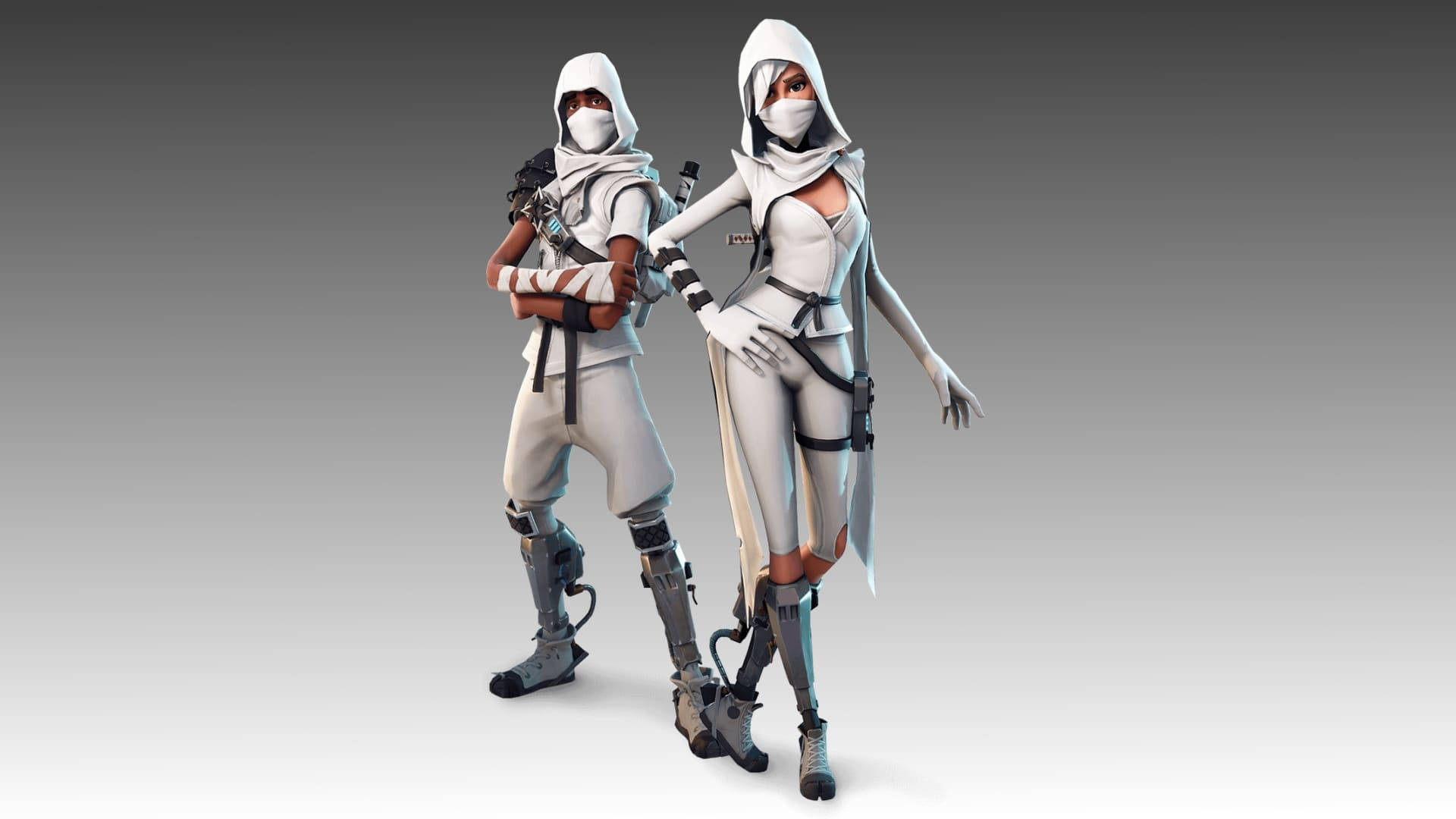 Fortnite Skins 桌布 壁紙 — 兩名身穿白色戰術裝備、戴著兜帽的未來戰士，在漸變灰色背景前蓄勢待發。