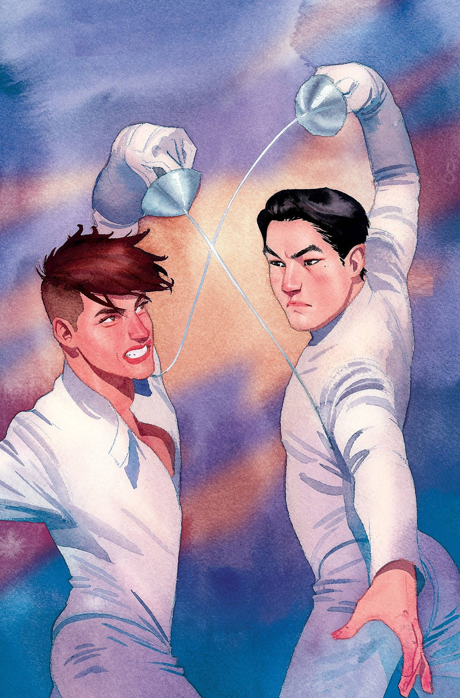 Fencing 桌布 壁紙 — 兩名身穿白色擊劍制服的年輕男子，在充滿活力的紫色和橙色天空下，以激烈的表情交鋒。