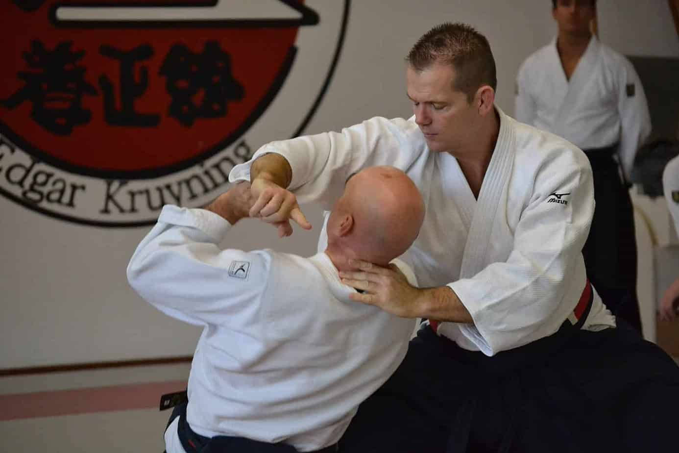 martial arts 桌布 壁紙 — 兩名身穿白色柔道服的男子在墊子上施展擒拿技術，背後可見道場標誌。