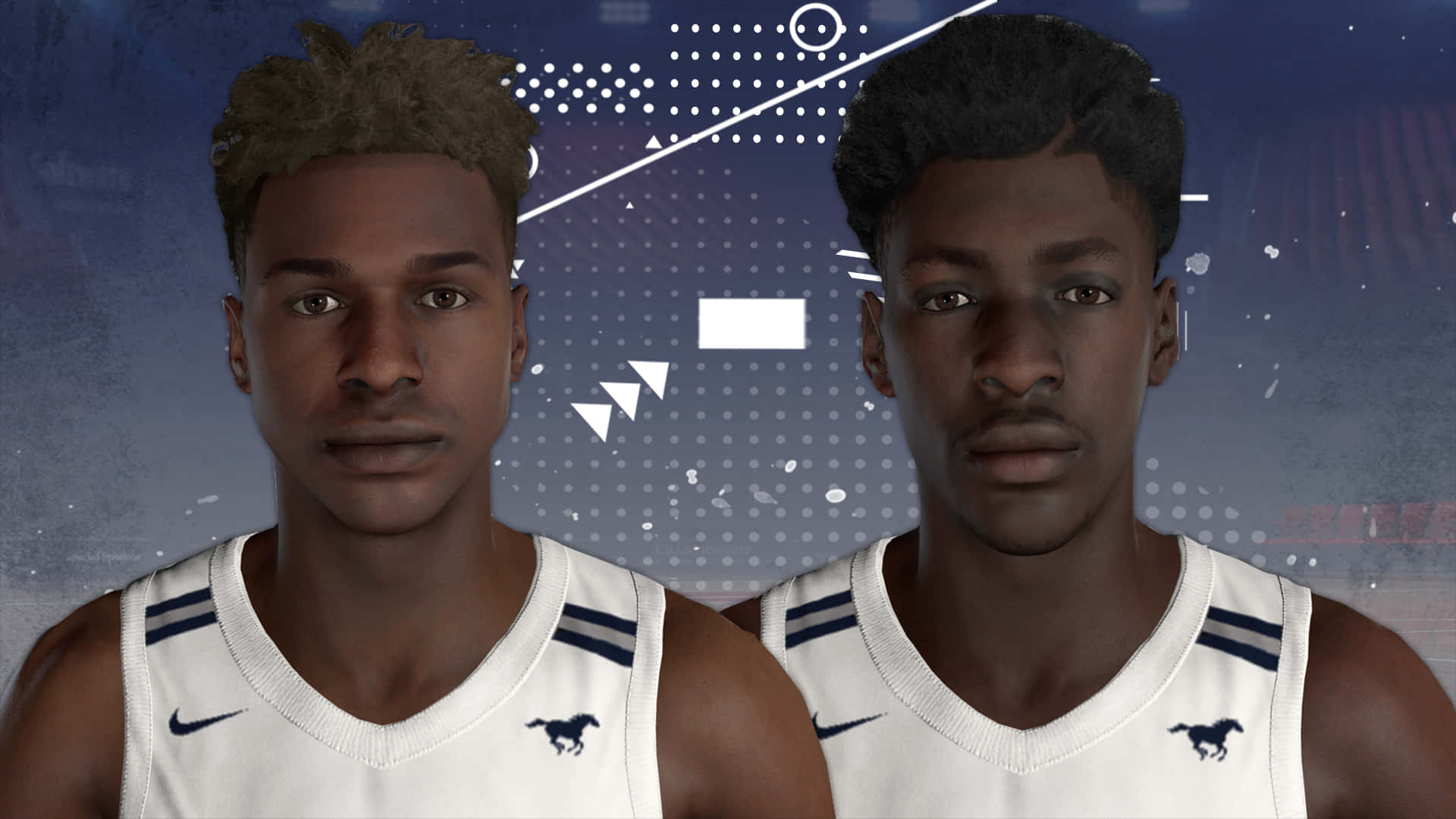 Bronny James 桌布 壁紙 — 兩名身穿白色球衣、帶有藍色條紋和馬標誌的籃球運動員，在帶有幾何圖案的數位藍色背景前凝視前方。