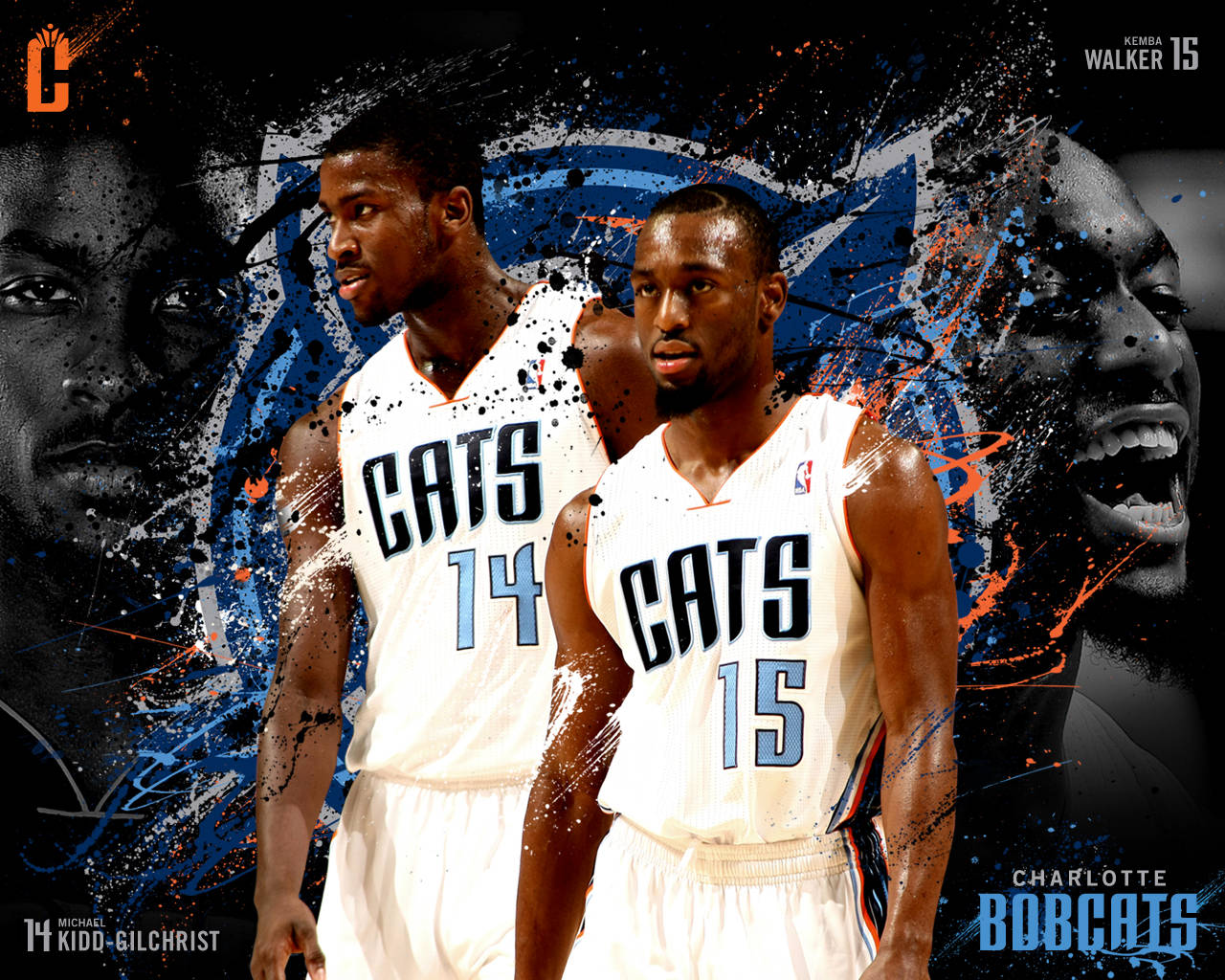 Kemba Walker 桌布 壁紙 — 兩名身穿白色球衣的夏洛特山貓籃球運動員站在動態黑色背景前，背景上有藍色、橙色和灰色的潑濺面孔。