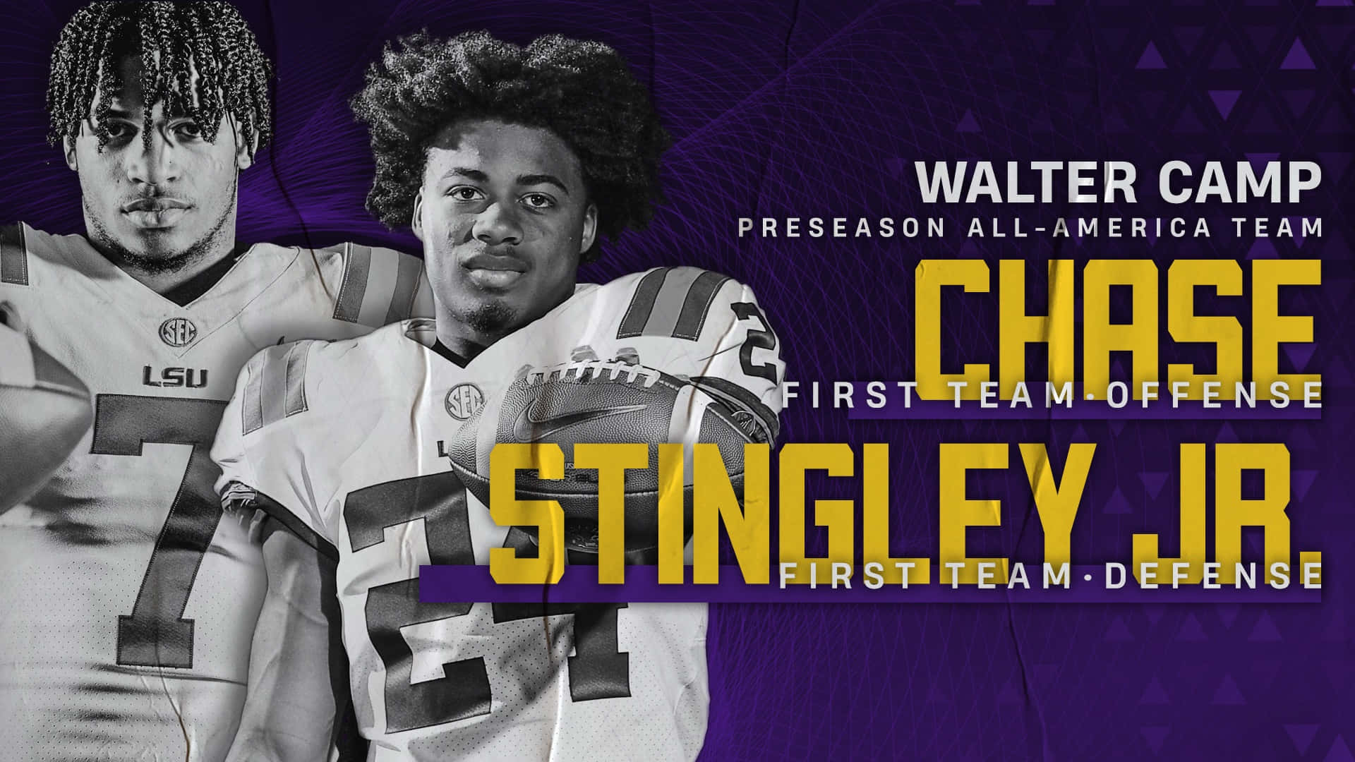 Lsu Tigers 桌布 壁紙 — 兩名身穿白色球衣的美式足球員在紫色幾何背景前擺姿勢，粗體黃色文字宣佈他們的Walter Camp全美榮譽。