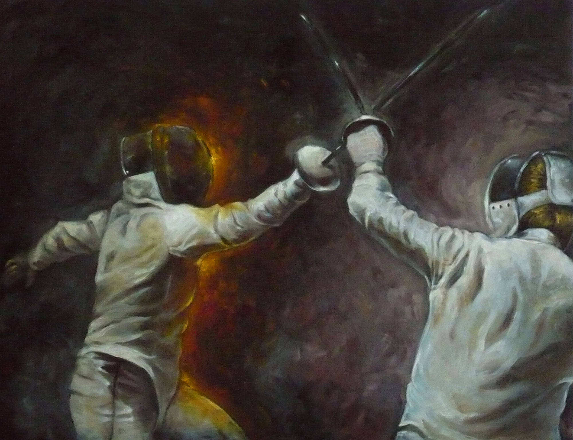 Fencing 桌布 壁紙 — 兩名身穿白色裝備的劍擊手在戲劇性的油畫中交鋒，畫作以深色背景襯托出火熱的橙色高光。