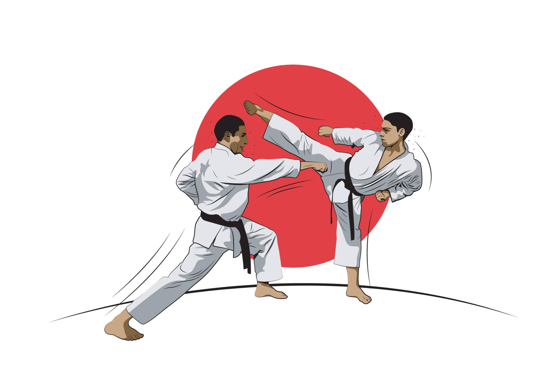 兩名身穿白色道服、腰繫黑帶的空手道選手在紅太陽前練習武術。 — 日本國旗 壁紙