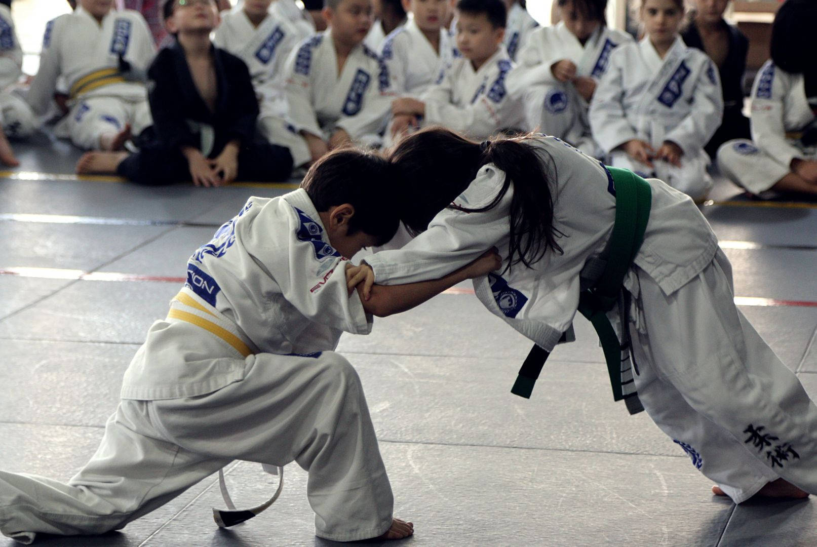 martial arts 桌布 壁紙 — 兩名身穿白色道服的年輕武術家在墊子上激烈纏鬥，同齡人在後面觀看。
